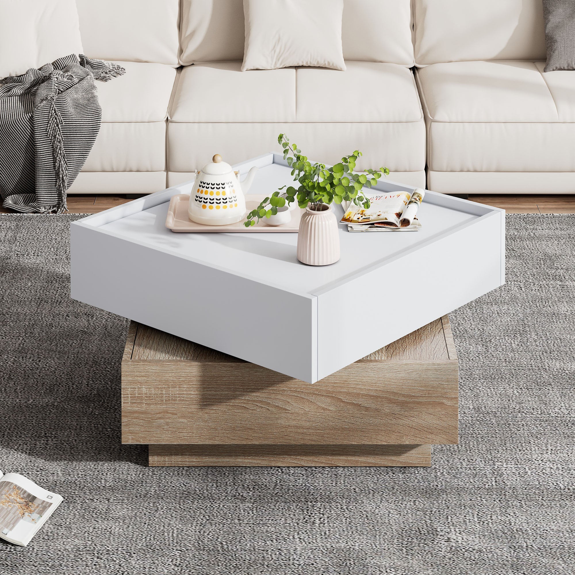 Functional coffee table, 360° rotatable with 2 levels storage, walnut frame white