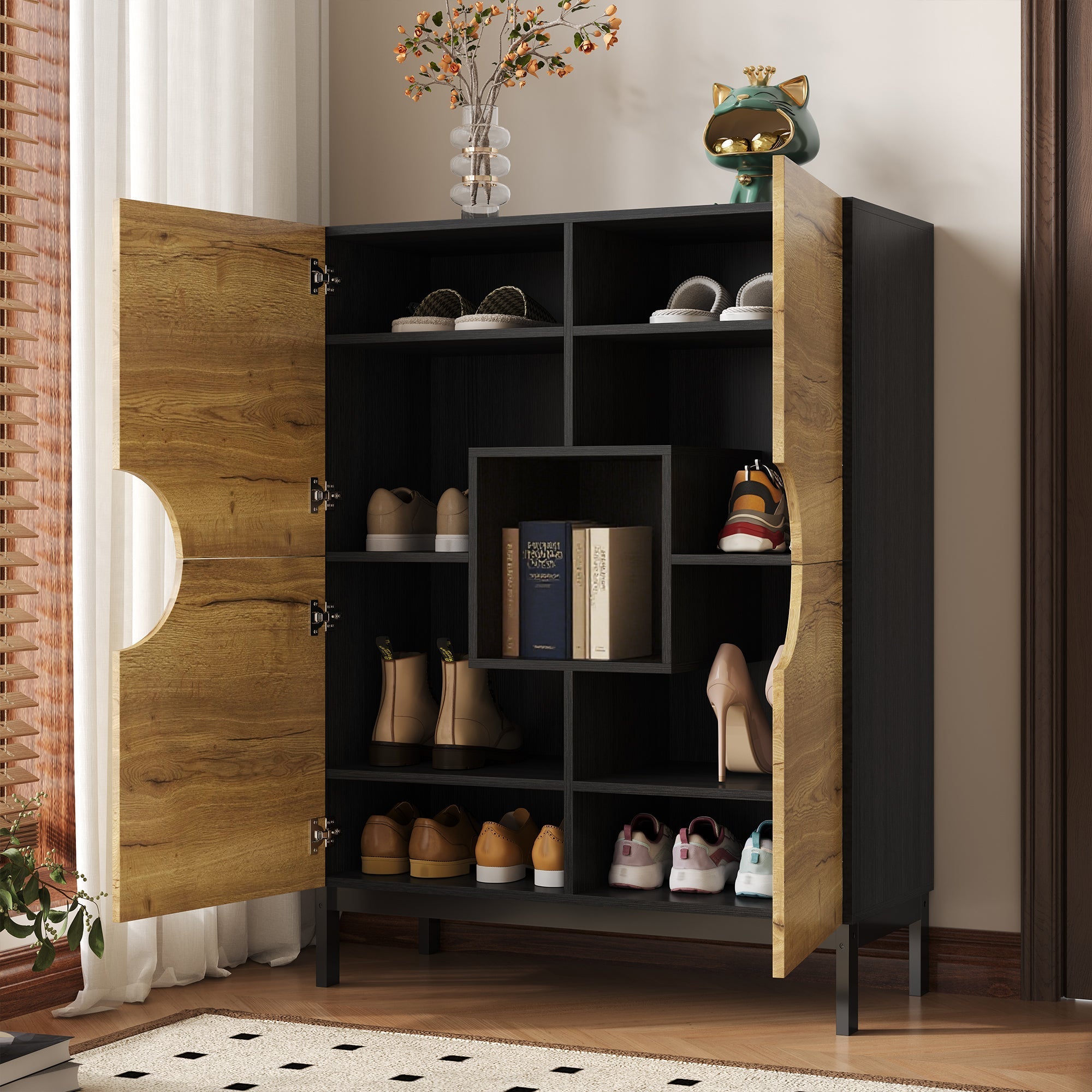 Shoe Cabinet & Display Cabinet 2-in-1, Adjustable Shelves, Solid Wood Legs, Wood Color