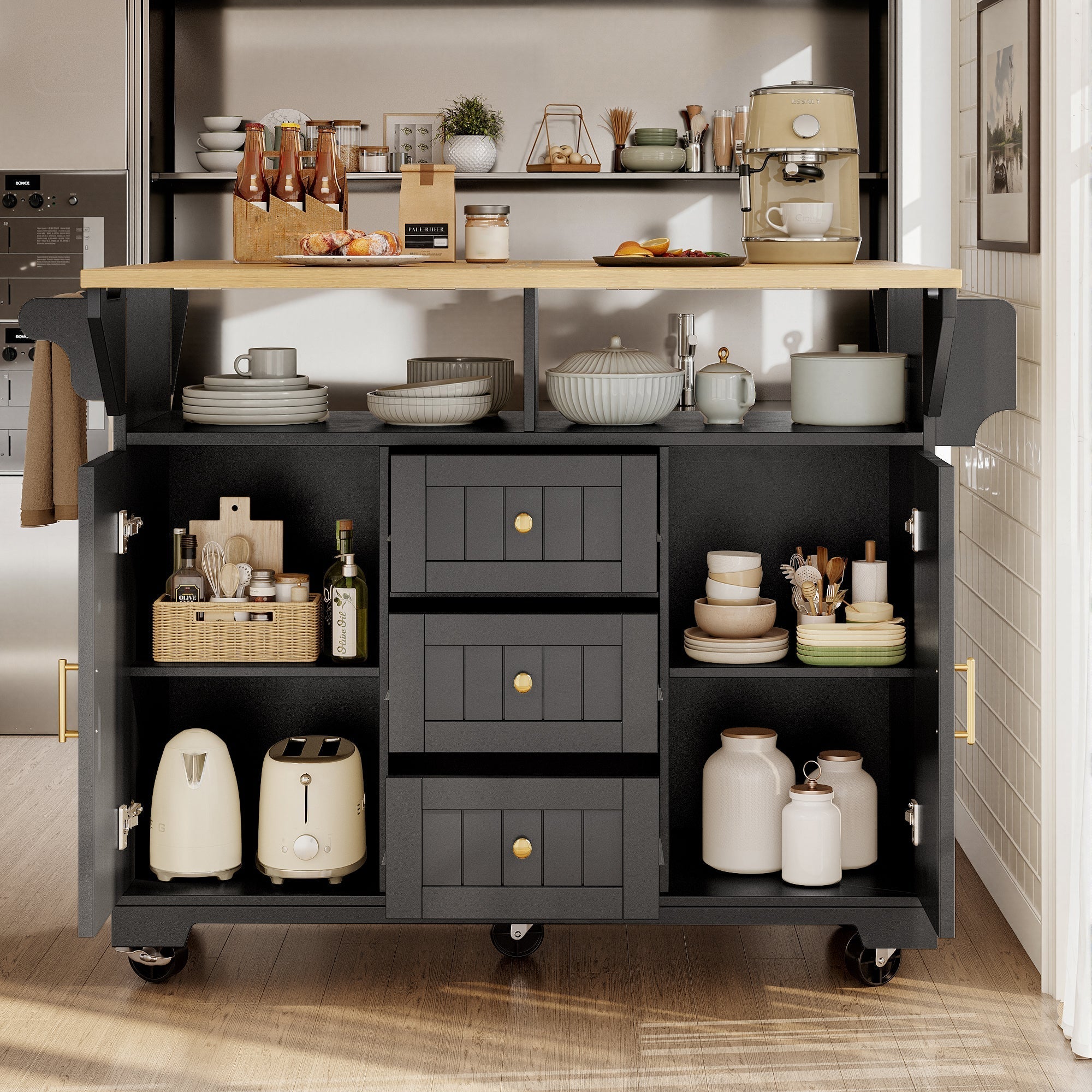 Kitchen Island Sideboard 120cm Extendable Trolley Towel Rail Spice Rack 2 Doors 3 Drawers Black/White
