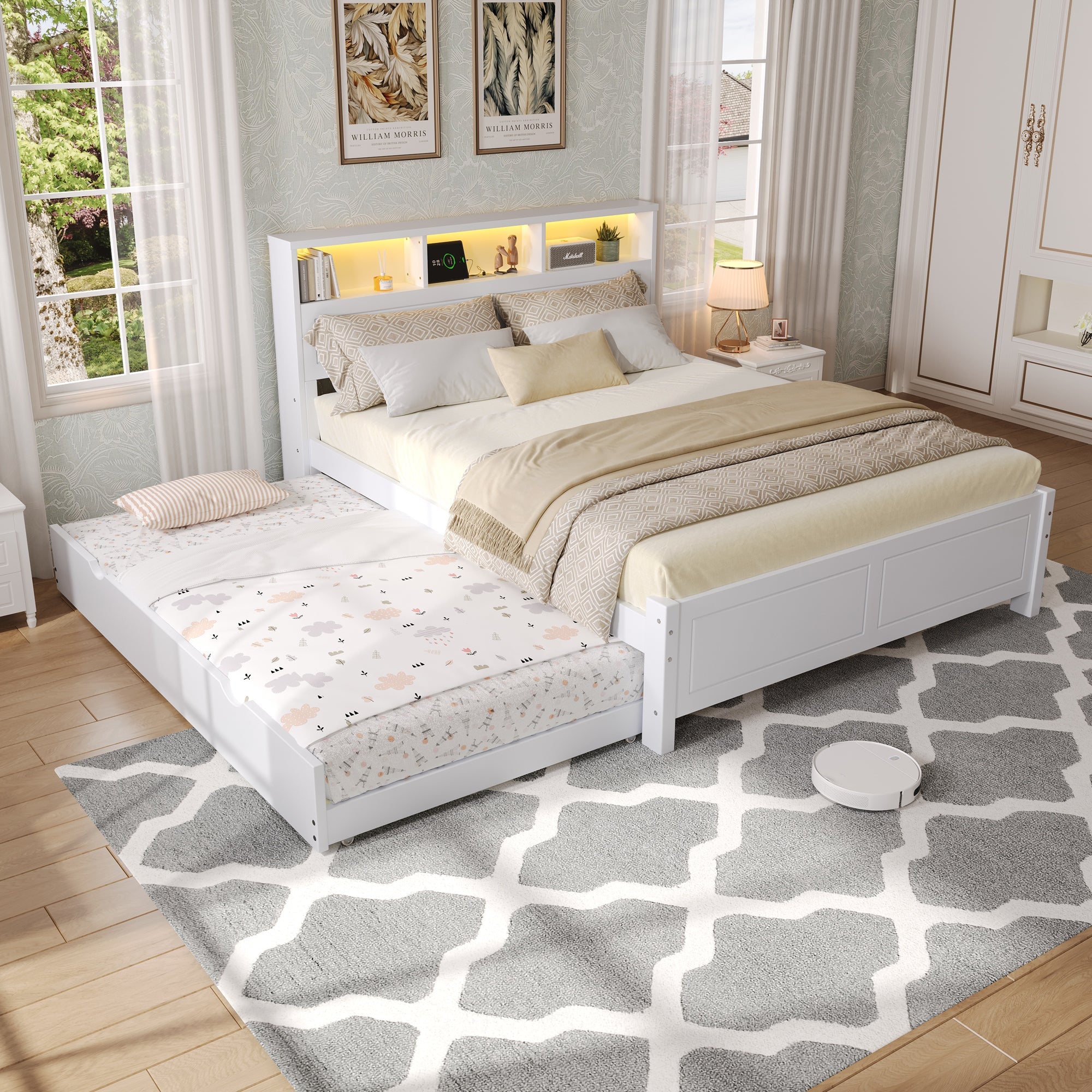 Double Bed with Pull-out LED/USB Storage, Pine+MDF White