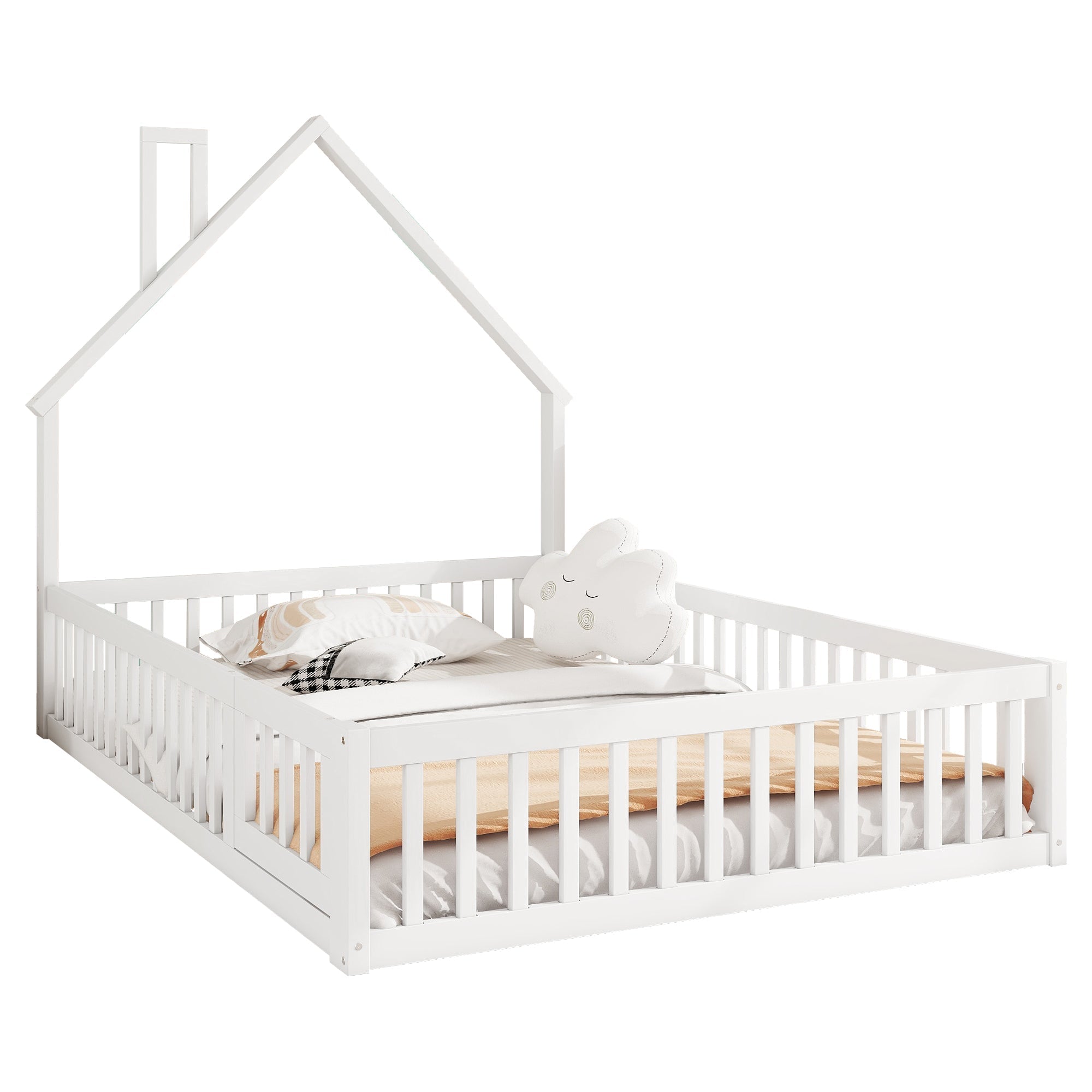 Children's House Bed 140x200cm Chimney Shape Slatted Base Pine Wood White