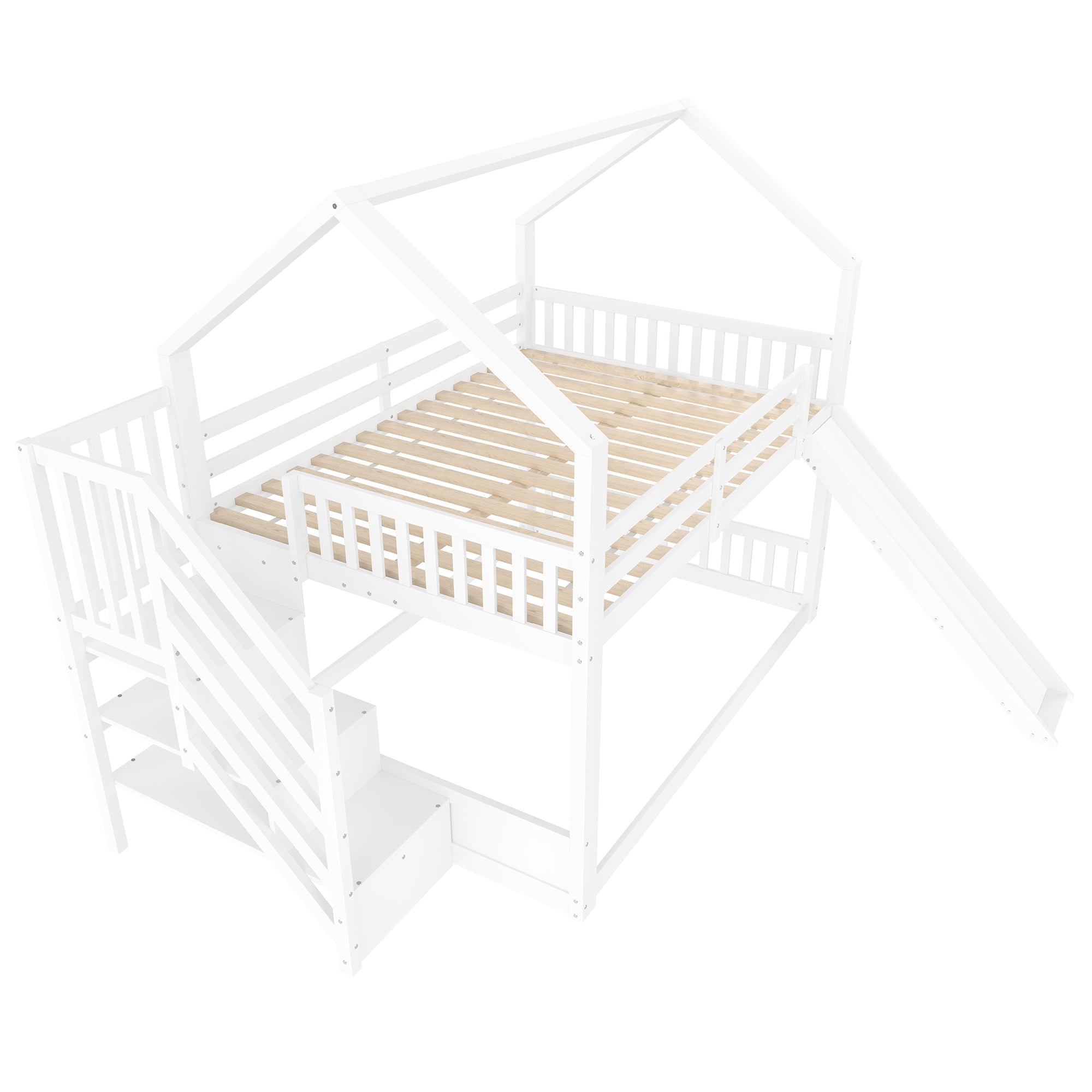 Bunk Bed with Storage Stairs and Slide, 140x200cm, White