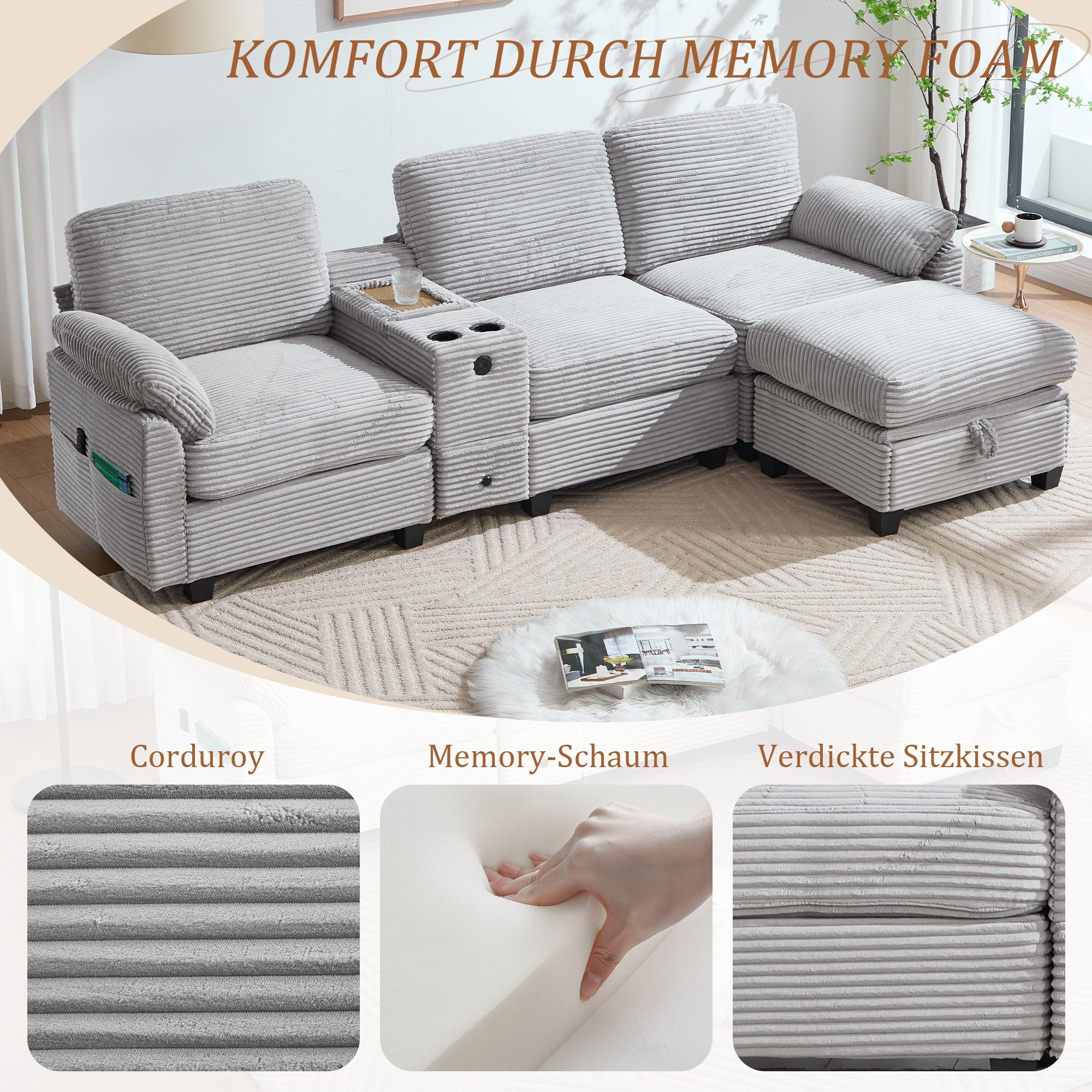 Corduroy Sofa Large Comfort Foam Console USB-C Storage Drawer Ottoman