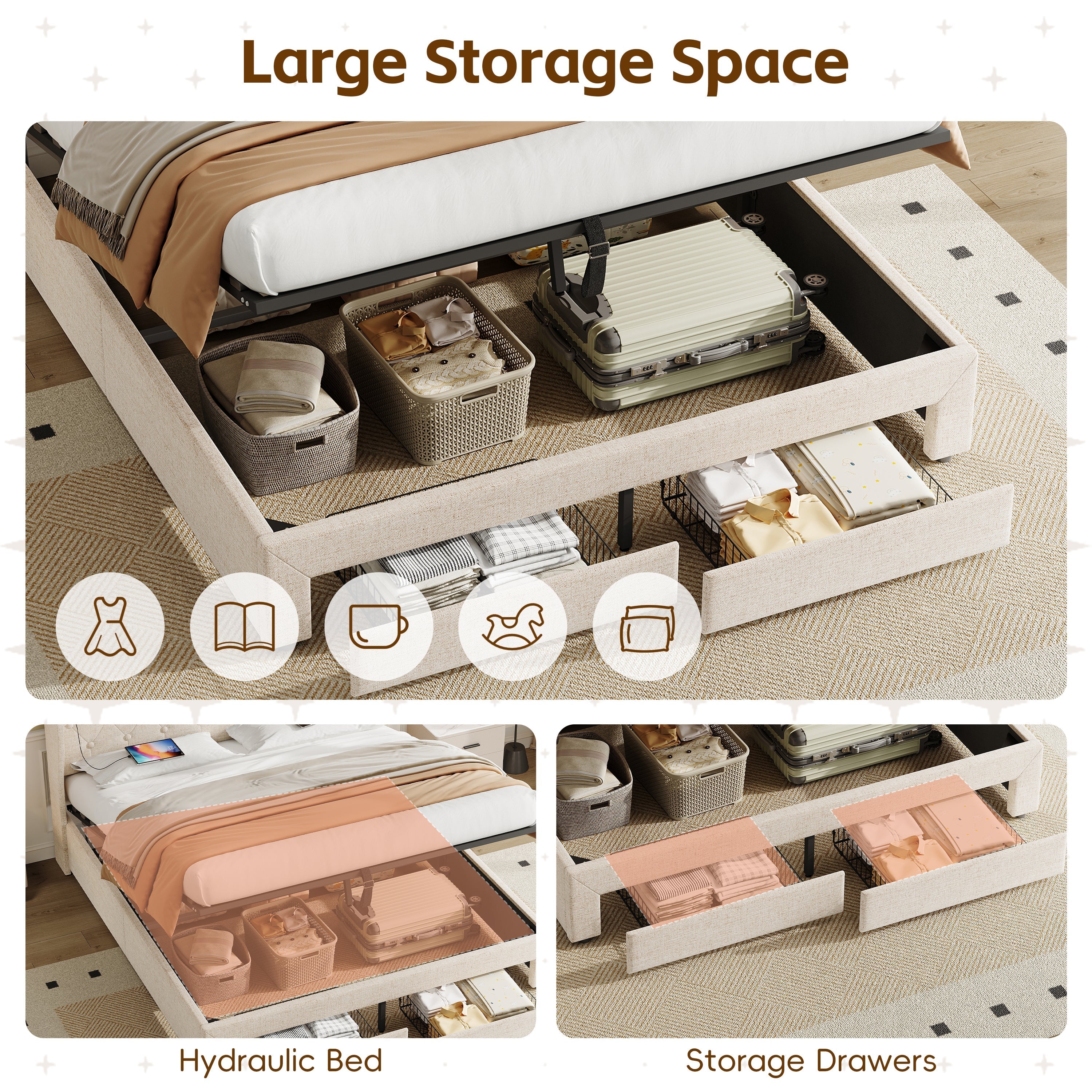 Double Upholstered Bed with Hydraulic and Drawers Storage, Charging Station, Linen, Beige