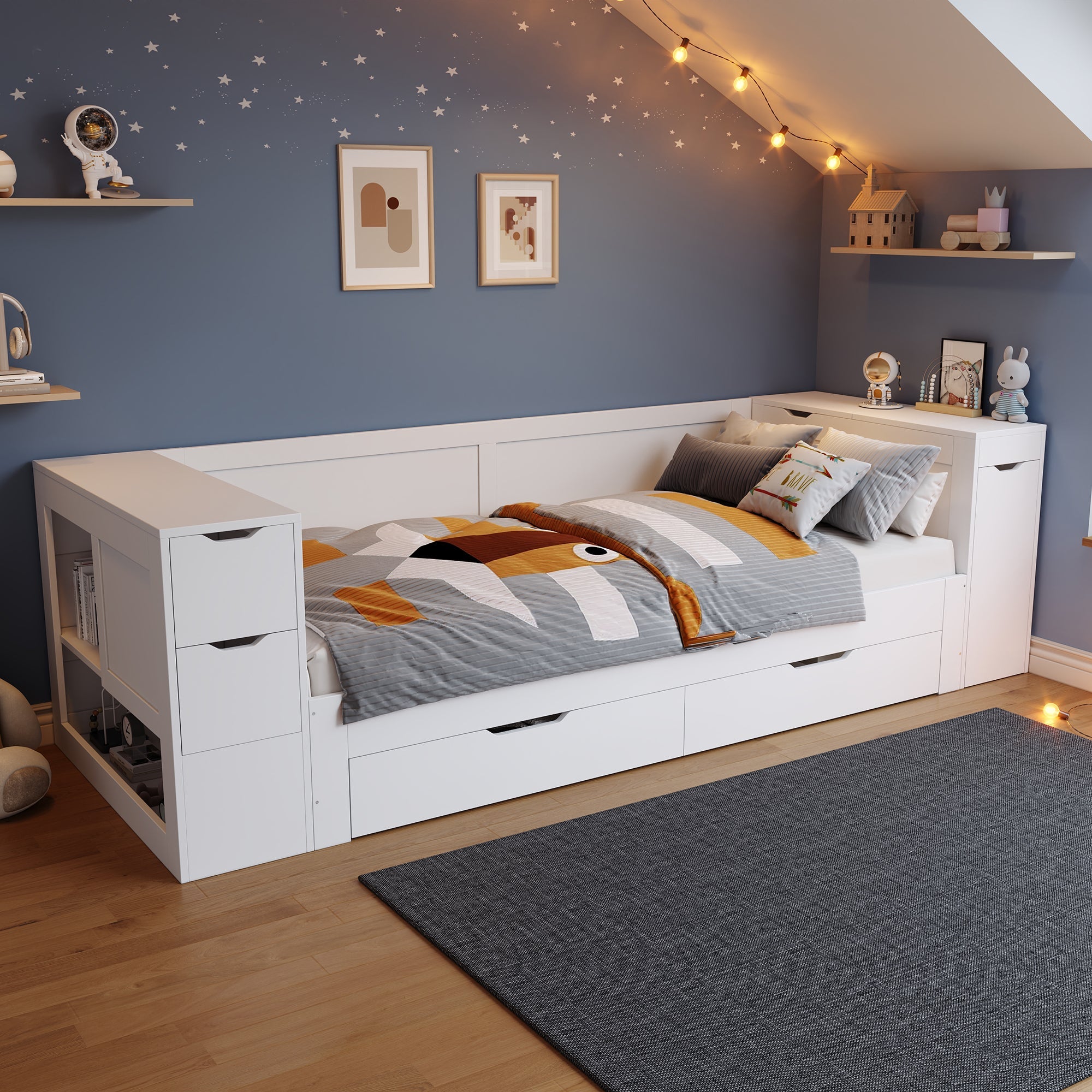 Lit Enfant Simple avec Tiroirs et Rangement, 90x190cm, Blanc