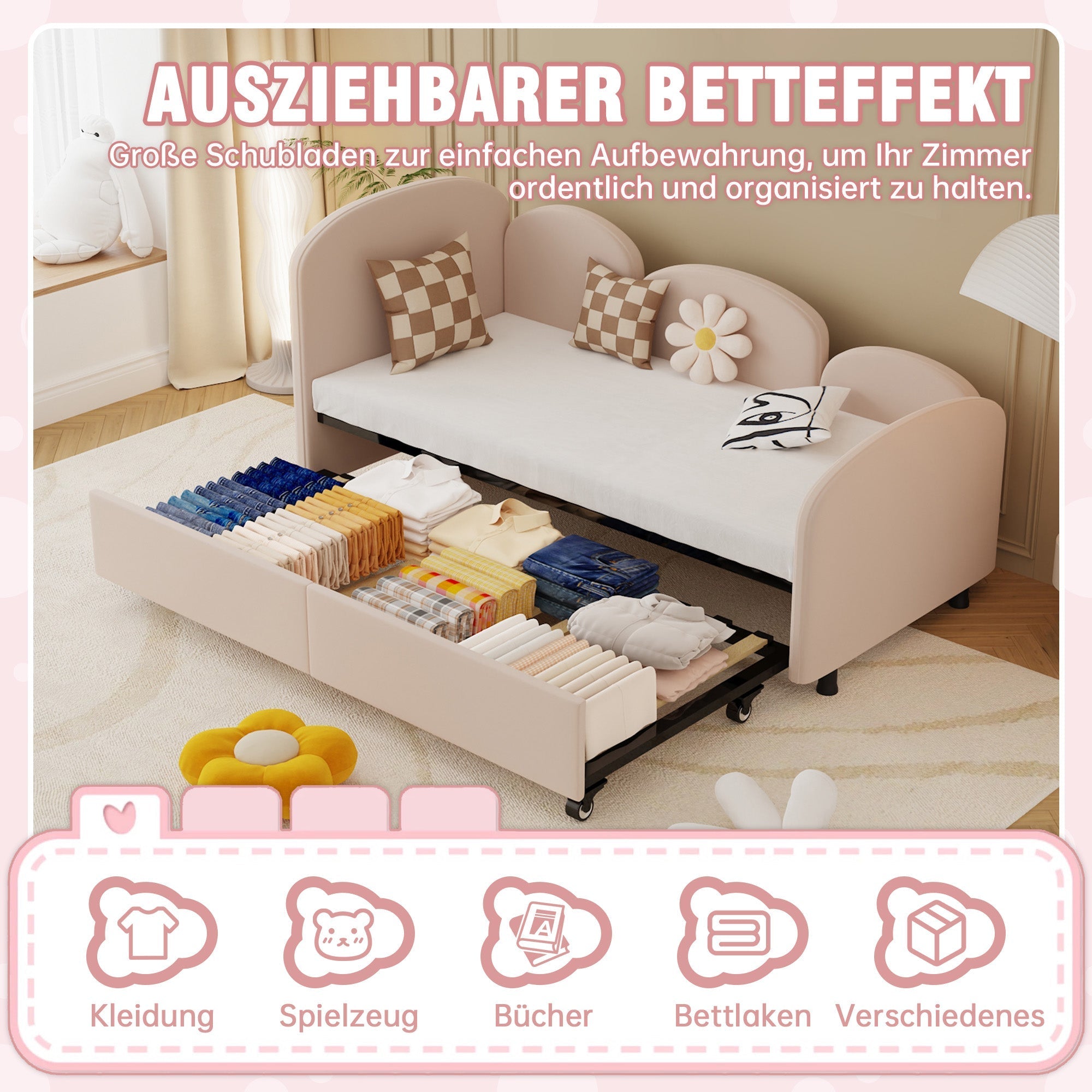 SOFTSEA Twin Size Daybed, Velvet Upholstered with Storage Drawers