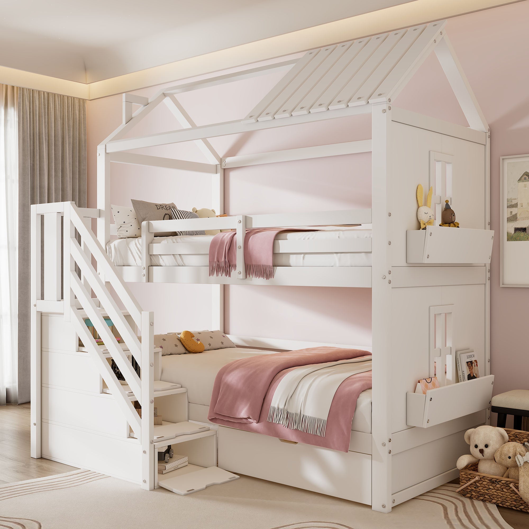 Children's Bunk Bed 90x200cm Multifunctional with Storage Stairs Drawers & Shelves Pine MDF White