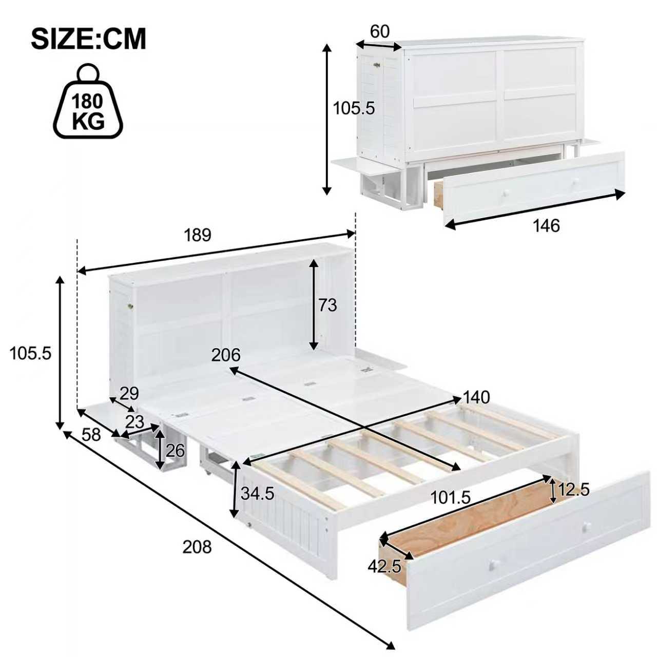 Mobile Murphy Bed 140x200 Drawers Side Shelf, White