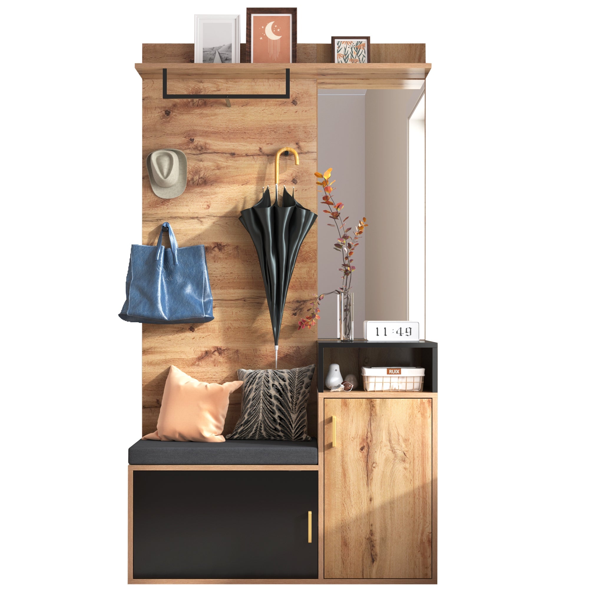 Wardrobe Set, with 4 coat hooks, mirror, shoe cabinet, wall-mounted coat rack, upper storage shelf, hallway wardrobe with bench seat.
