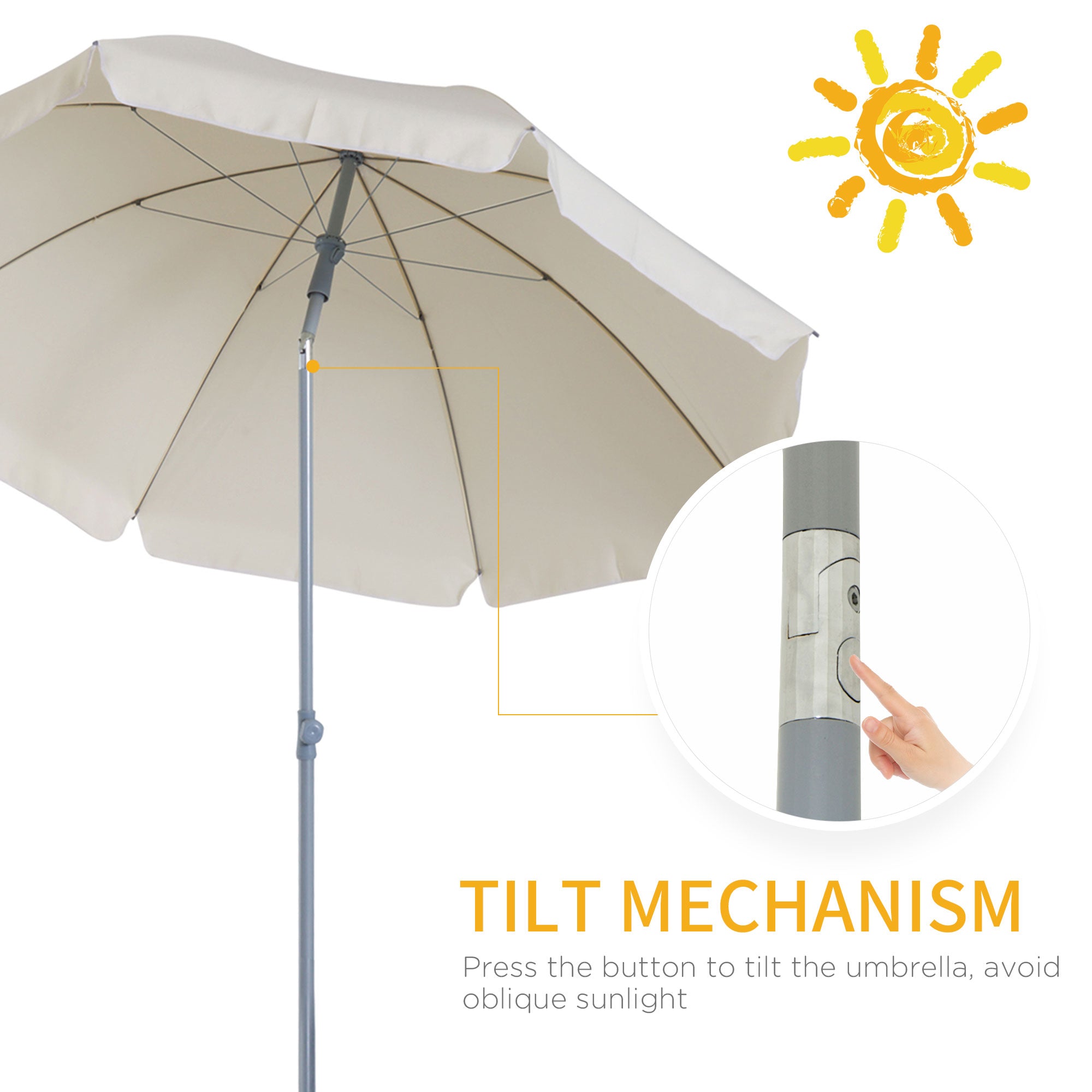 2.2m Beach Umbrella Portable Parasol Tilting Function 8 Ribs, Cream White