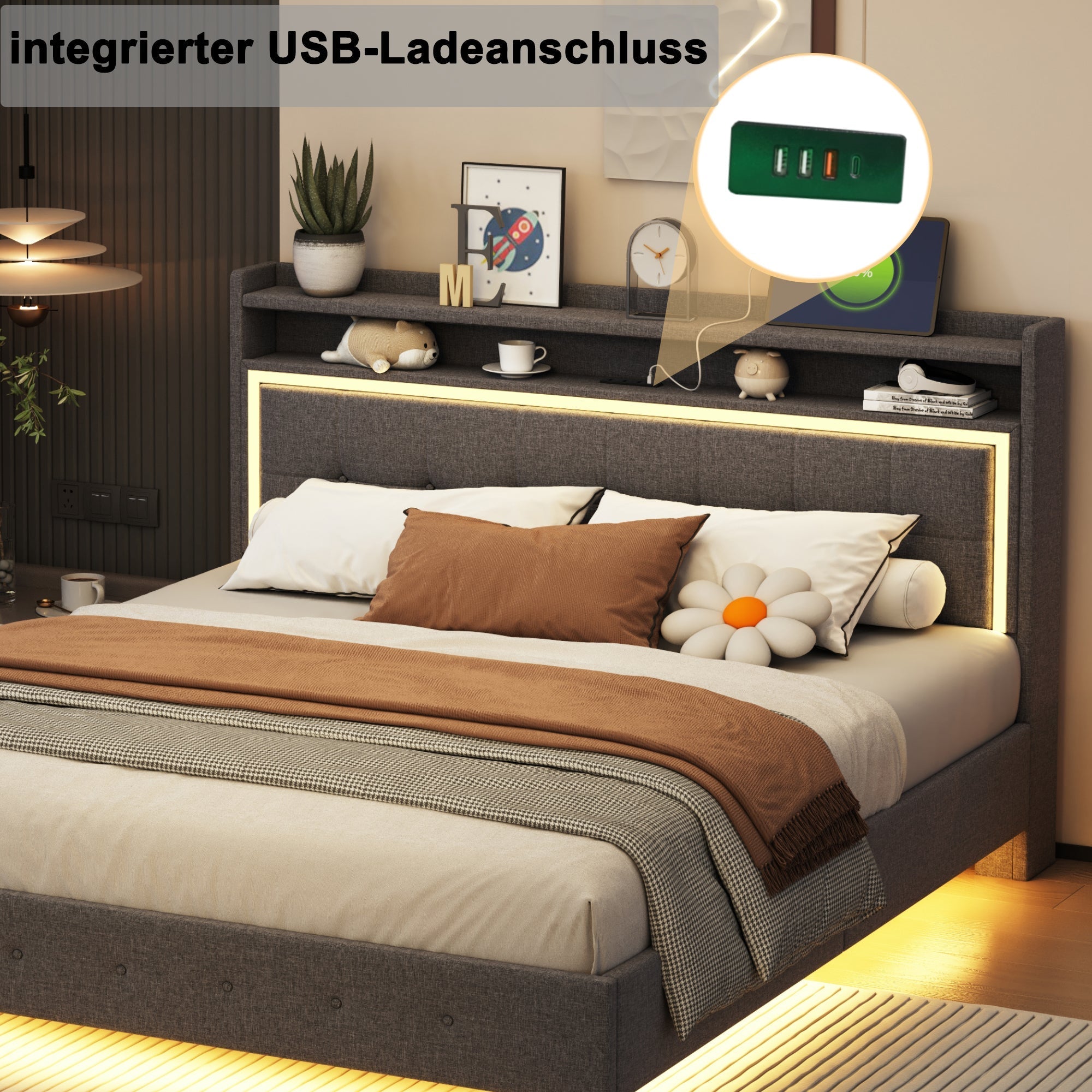 Upholstered Bed, 160x200 USB & LED, Linen Fabric Gray