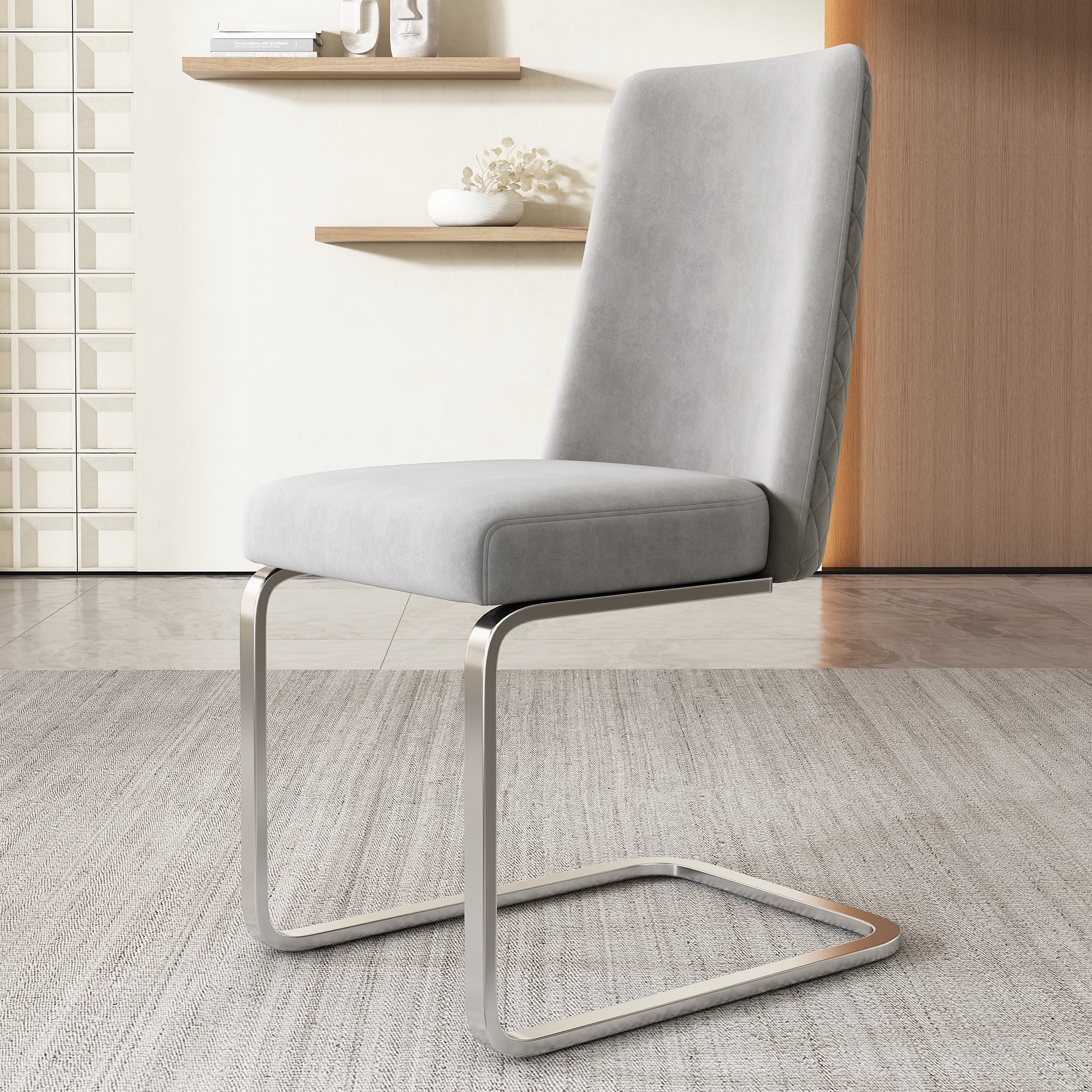 Velvet Dining Chair Set of 4 Diamond Back Luxurious Metal Legs Grey