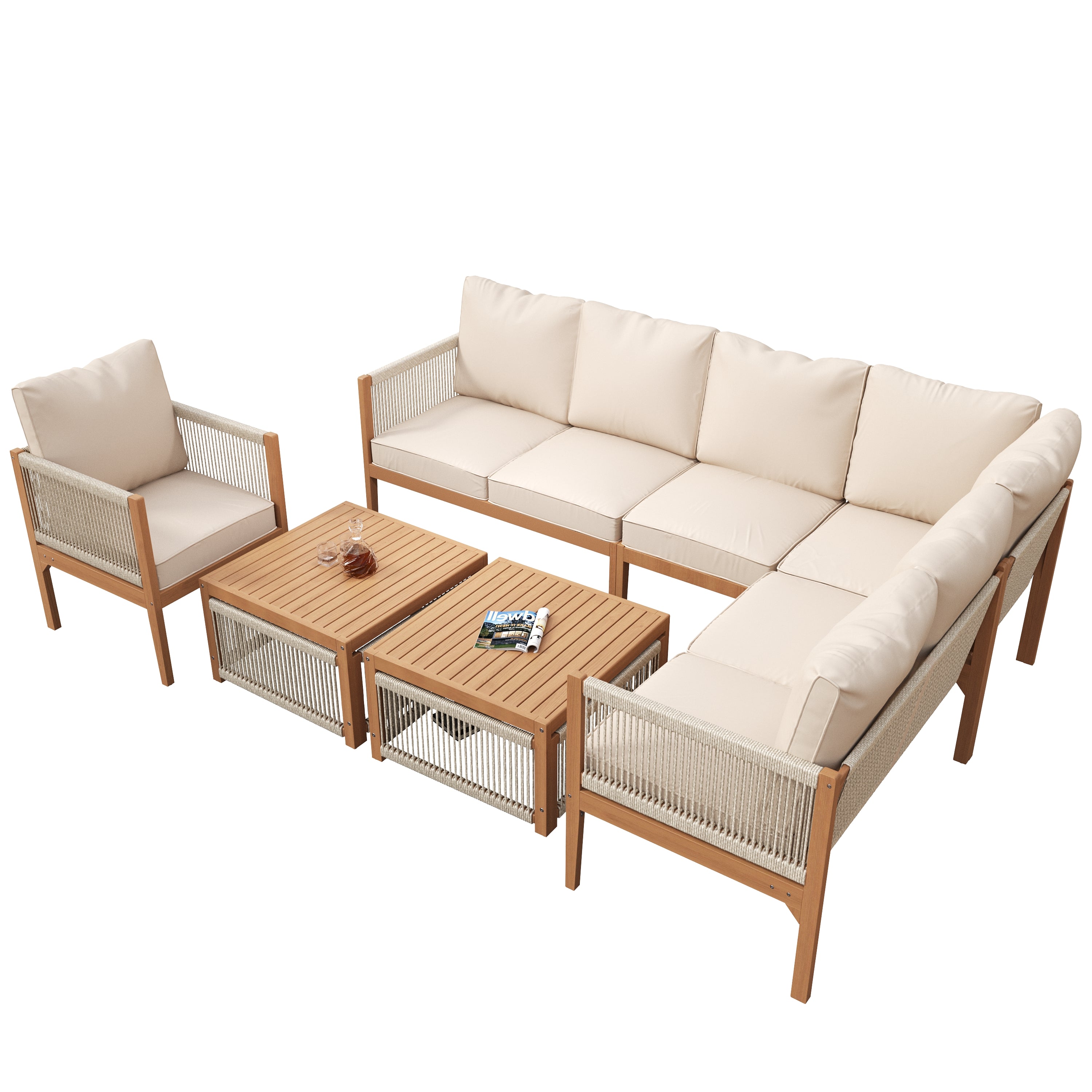 Garden Lounge Set, 7-8 Person Outdoor Sectional Sofa and Table with Washable Cushions, Natural and Beige