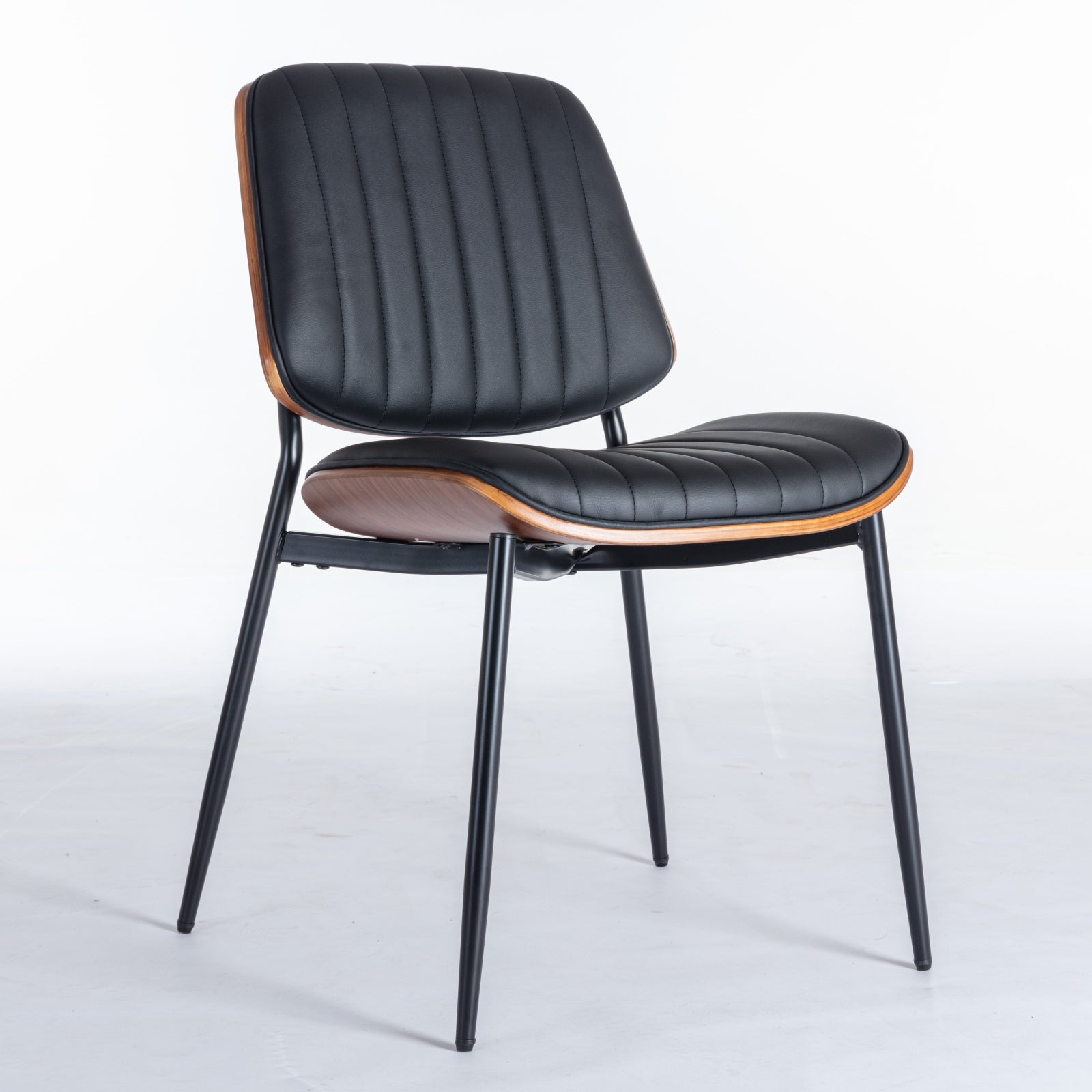 Dining Chairs Set of 2 Mid-Century Modern Retro Walnut Bentwood Back Upholstered Seat Metal Legs - Black Faux Leather