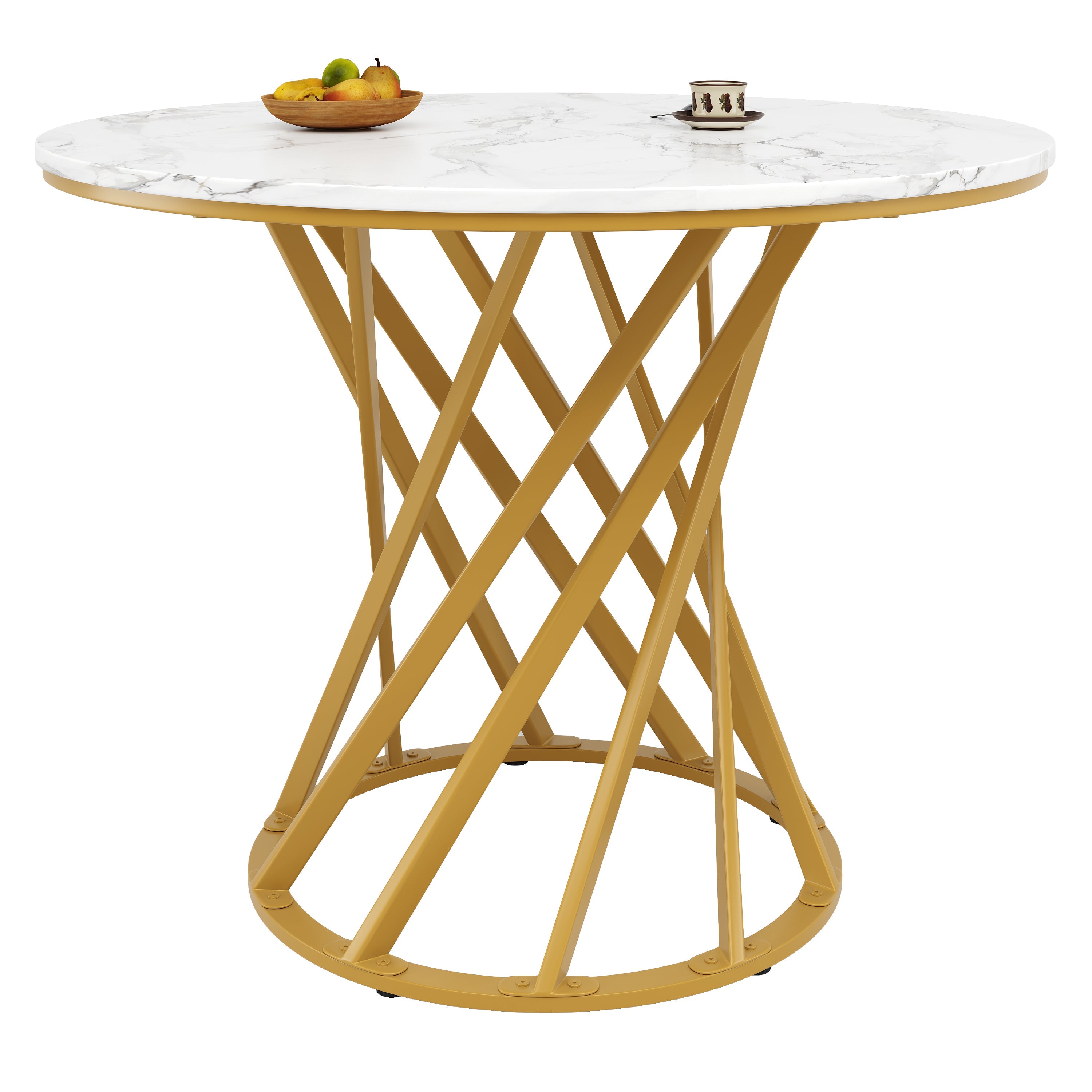 Round Dining Table 80cm for 4 Marbled MDF Top Metal Legs Gold