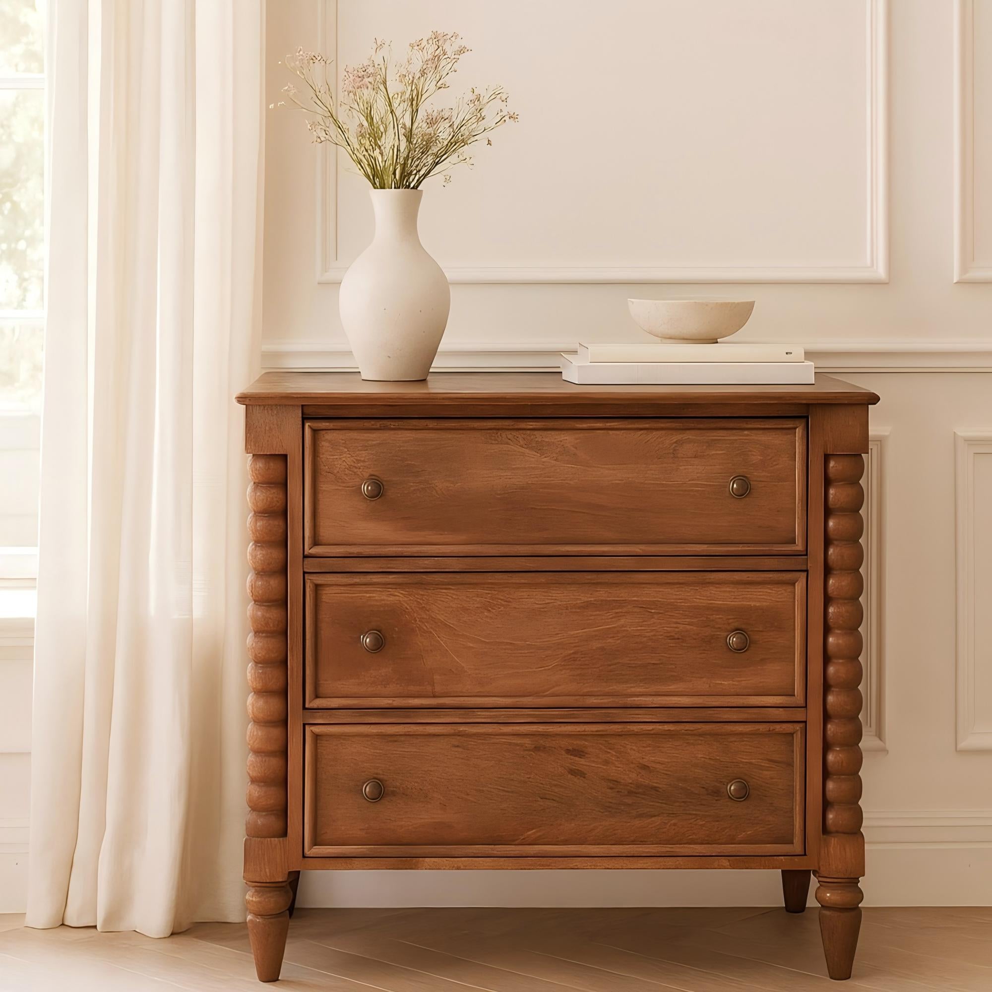 Solid Wood Spindle Chest, 3-Drawer Storage Organizer, Brown