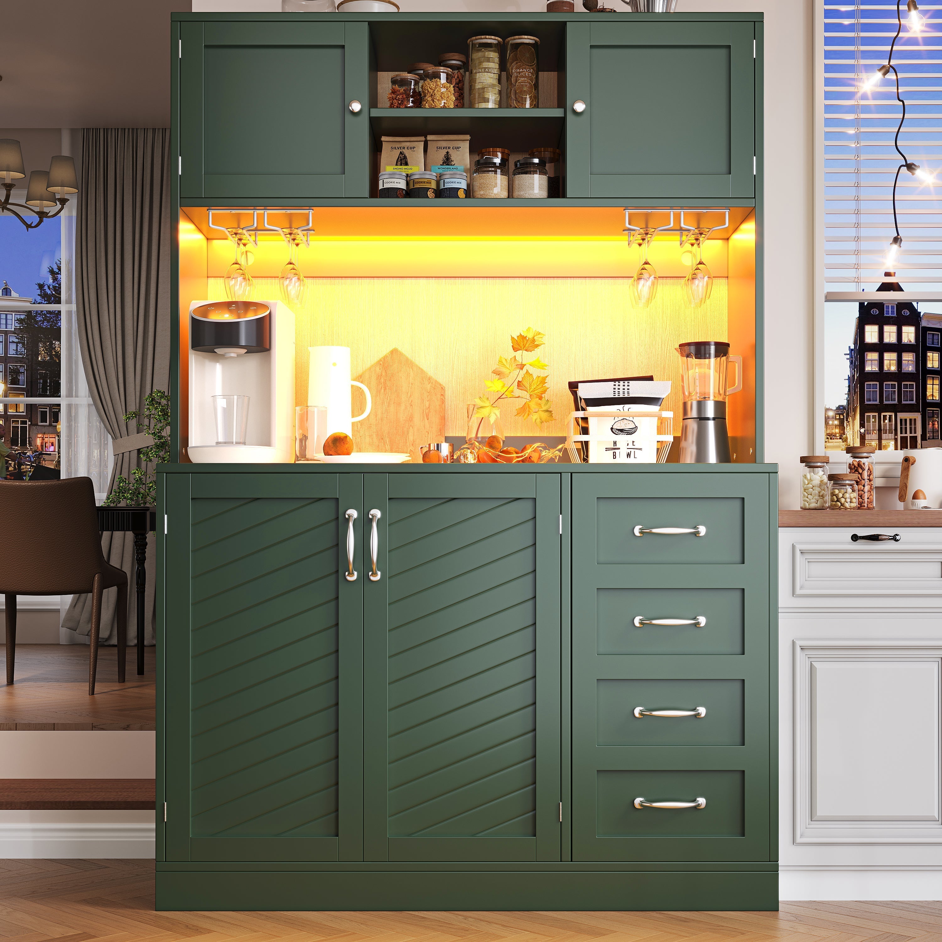 Sideboard with LED Lighting and Drink Holders, Green and White