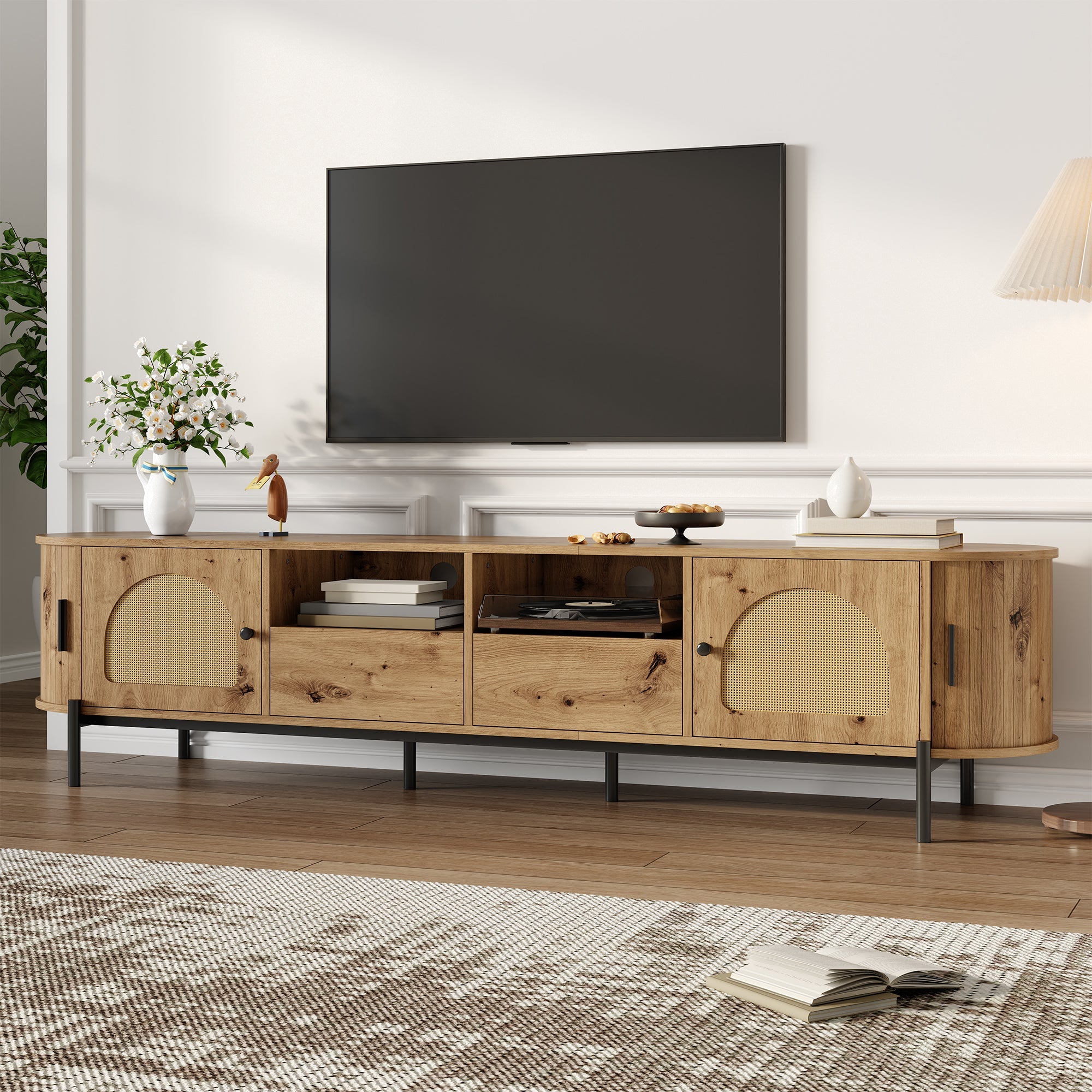 Oval TV Cabinet with Sliding Doors and Drawers, Wood Look and Rattan