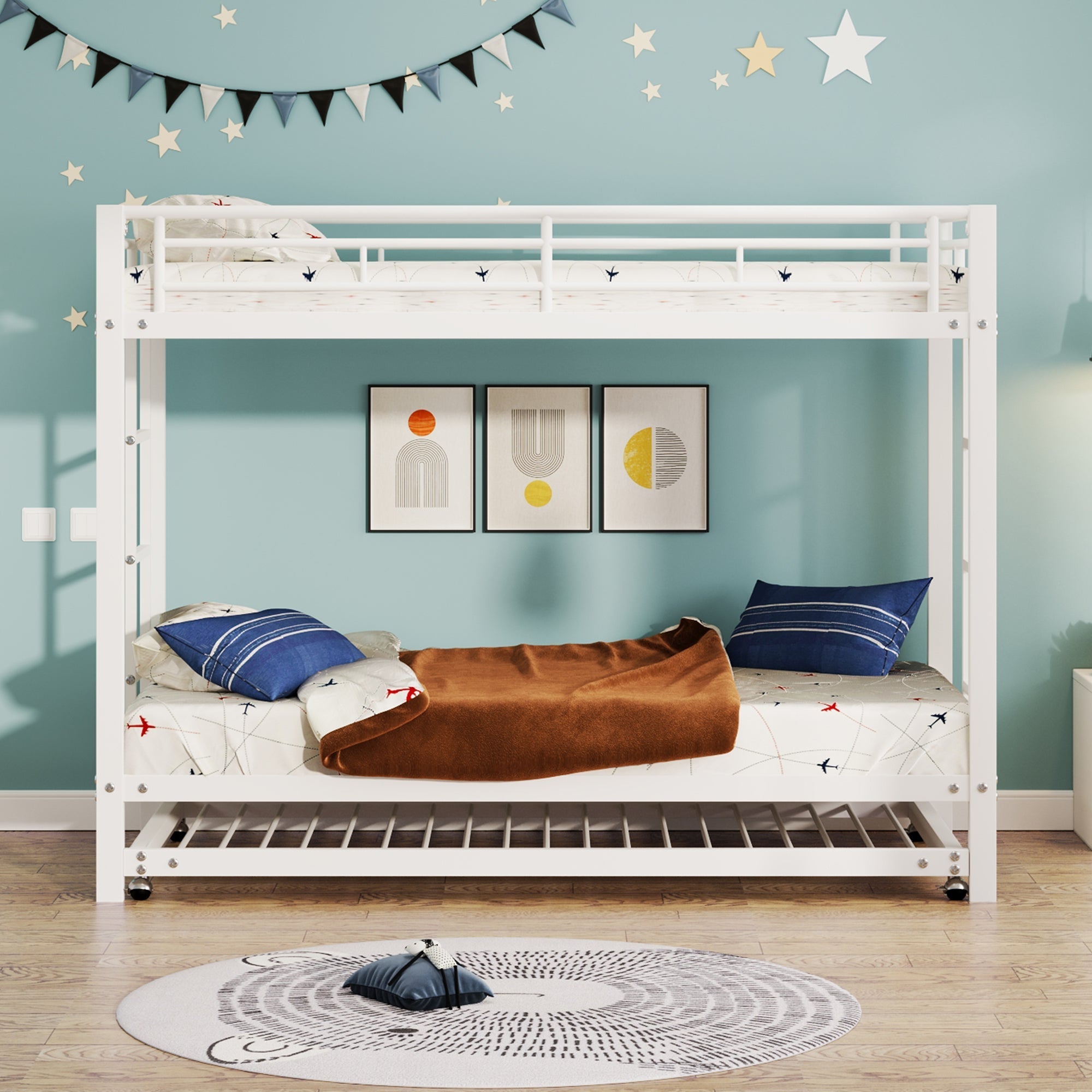 Bunk Bed 90x200cm Pull-out Bed High Railings - White
