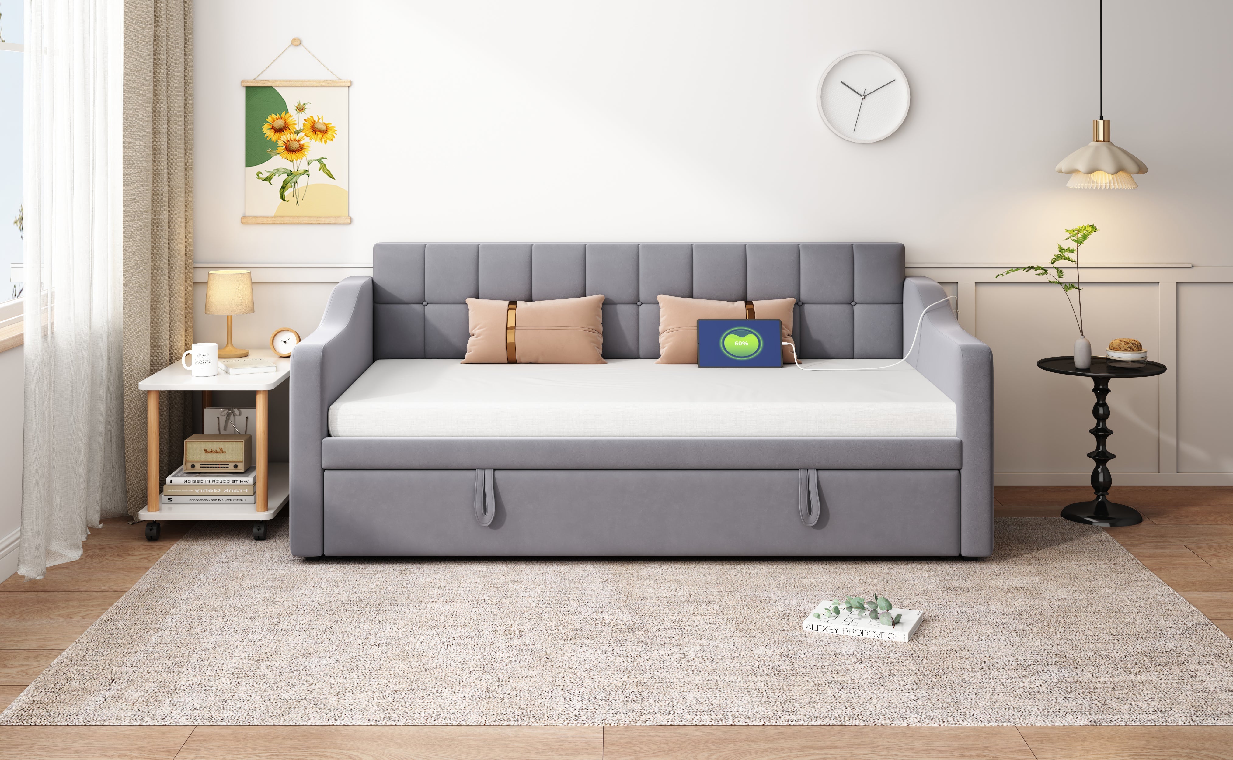Upholstered Bed Sofa, 2-in-1 Multifunctional with Socket & Storage, Gray Velvet