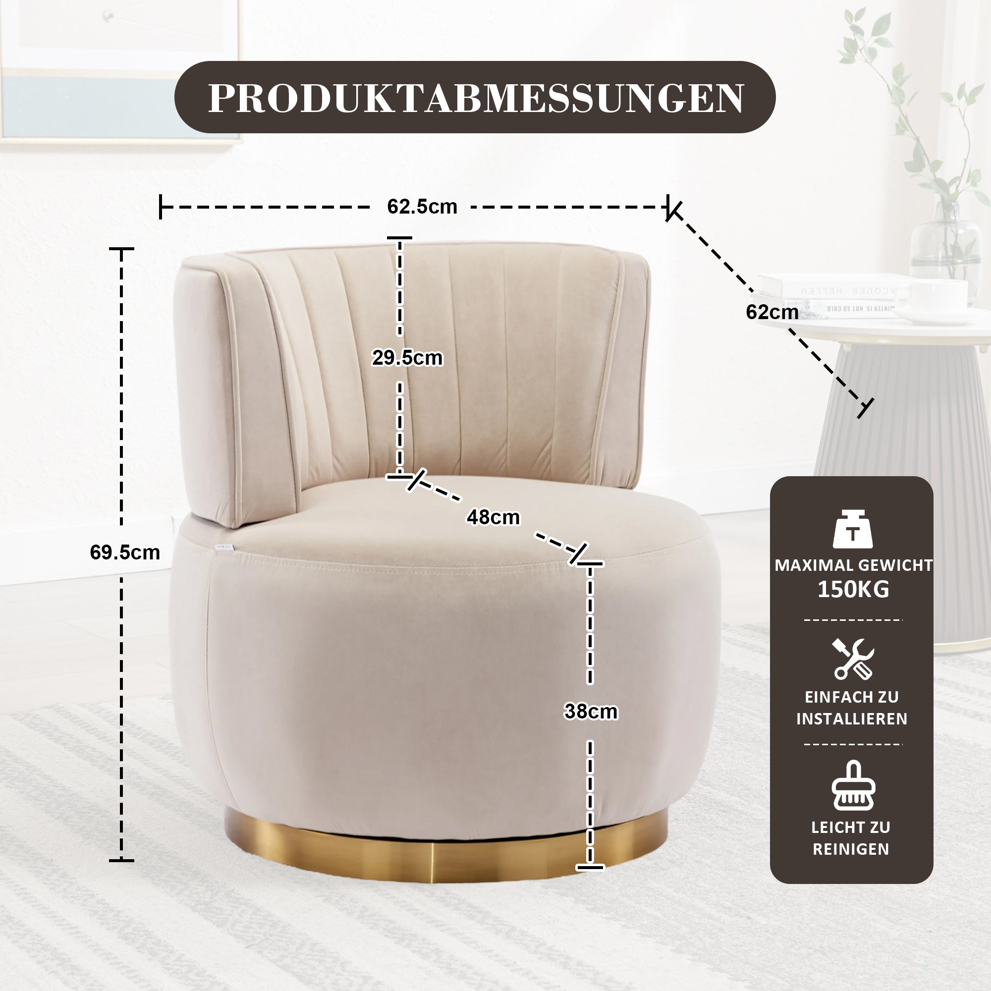 Swivel Chair 360° Round Velvet Barrel - Beige