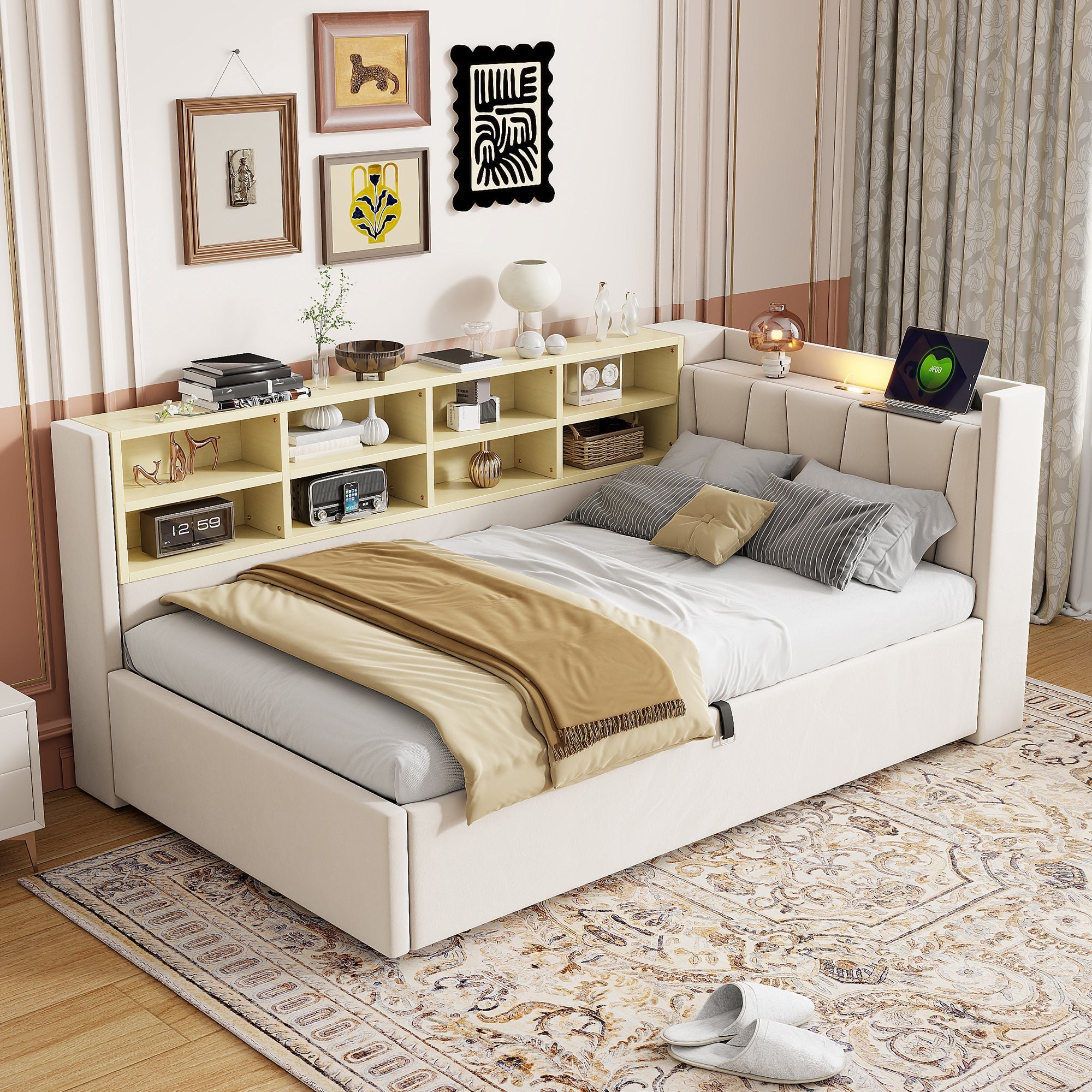 Sofa Bed, 90x200cm, Hydraulic Storage, Night Light, USB/Type-C, Velvet Beige