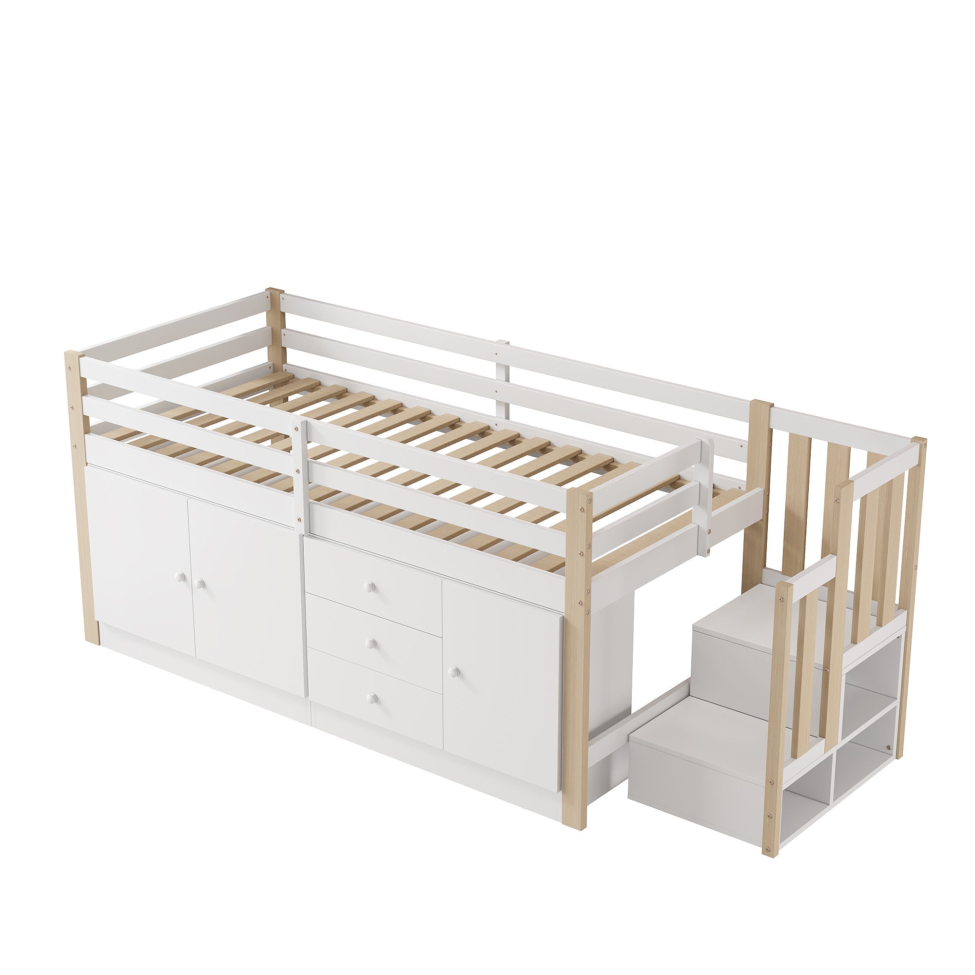 Multifunctional Children's Loft Bed 90x200cm with Stairs Drawers & Storage Cabinets - White