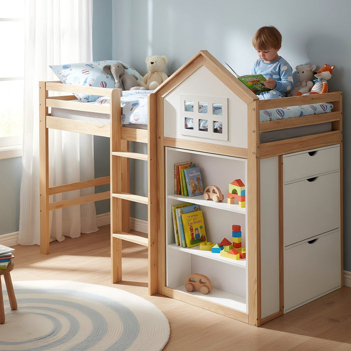 Loft Bed with Storage Compartments, Drawers, Steps and Safety Railing, 90x200cm, White and Natural Pine + MDF + Plywood