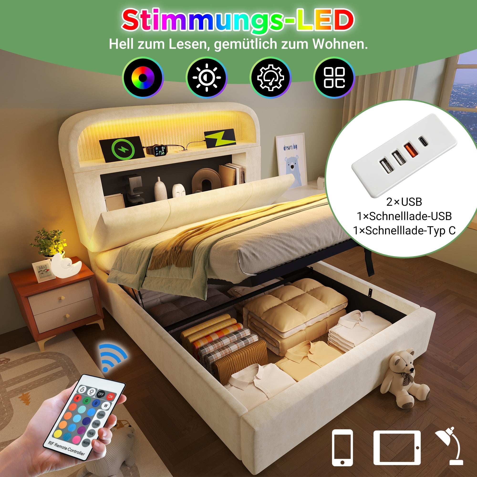 Upholstered Single Bed 90x200cm Adjustable Storage Headboard Hydraulic LED & USB/Type-C Charging Velvet Beige