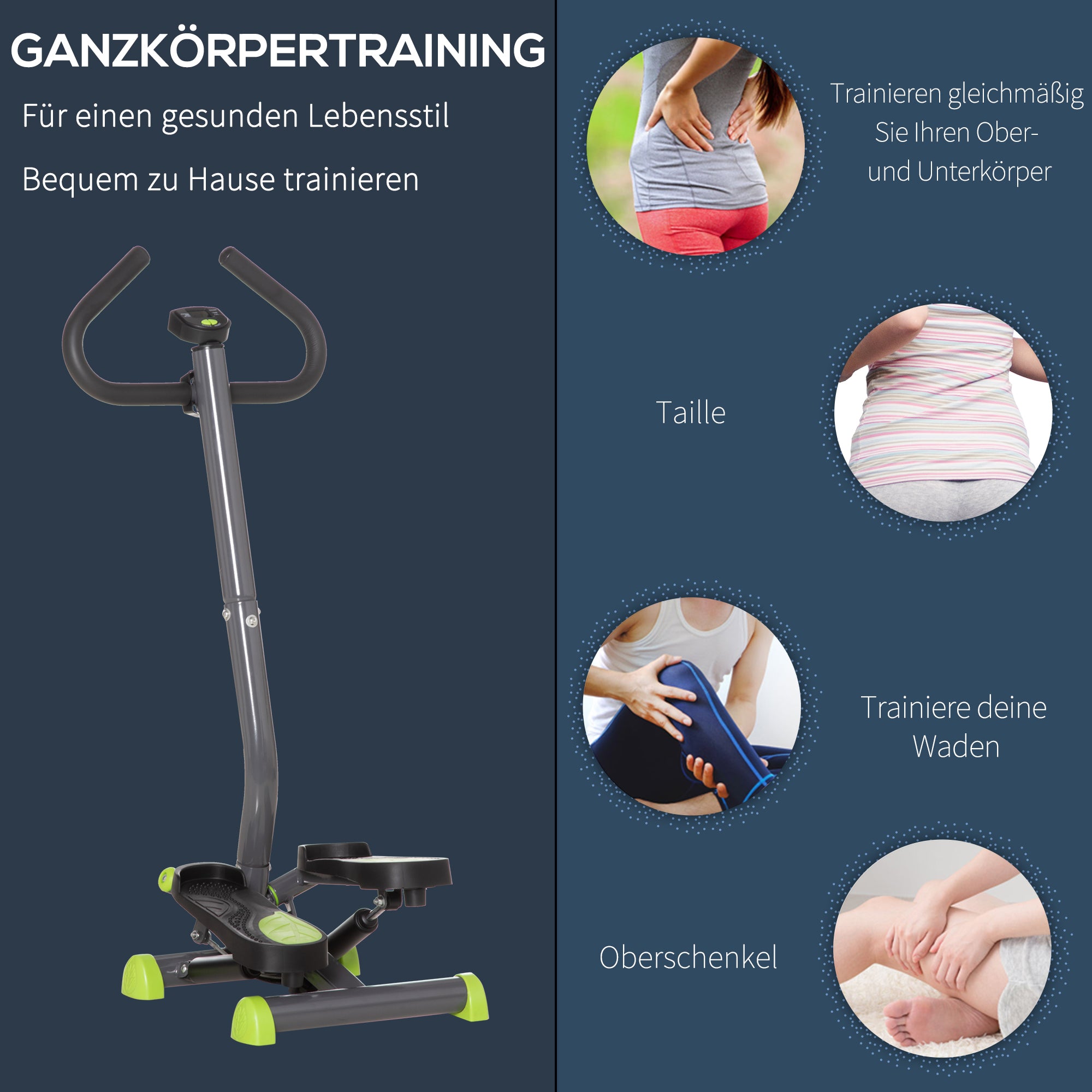 Home Trainer Stepper Fitness Swing Stepper LCD Display Handles 100kg Steel ABS Gray Green