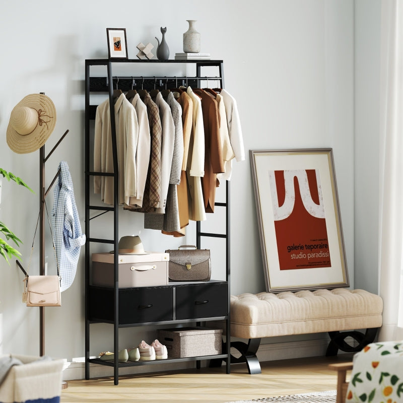 Coat Rack, Shoe Rack, 2 Fabric Drawers, 8 Hooks, Black