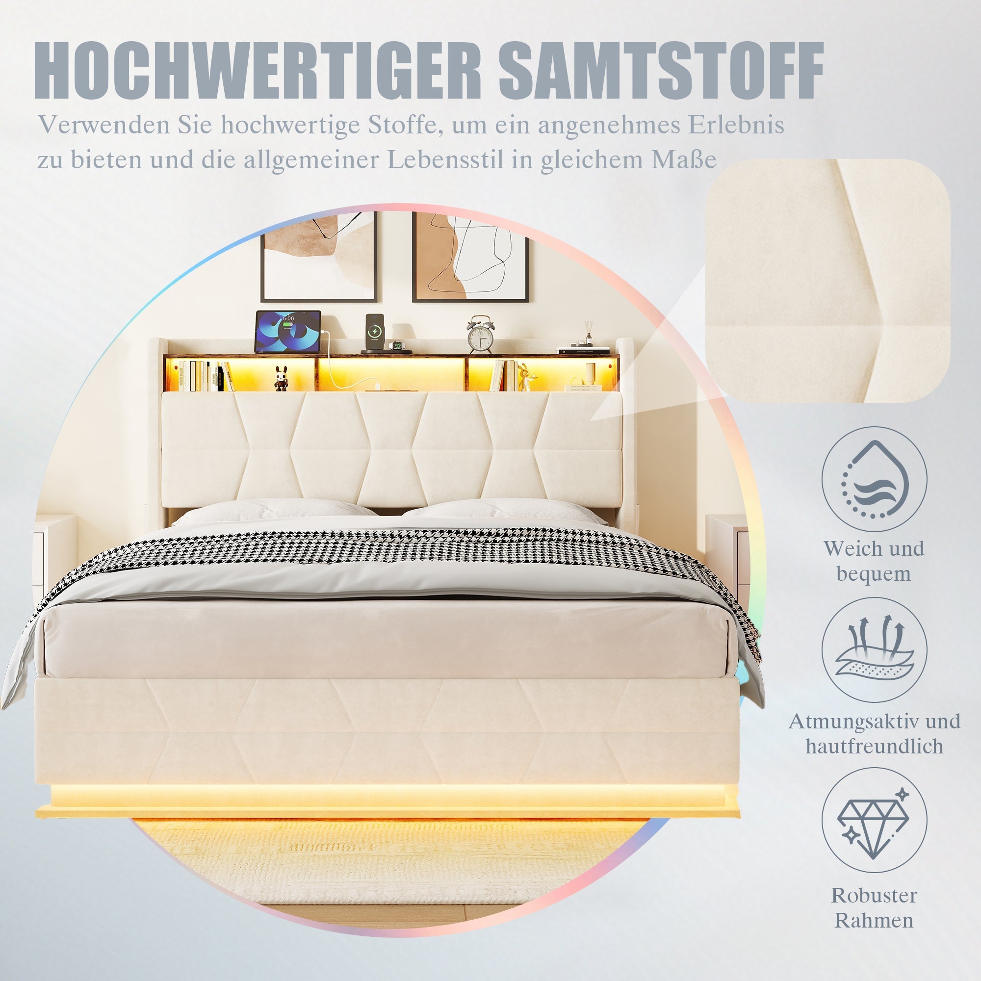 Multifunctional Bed with LED Lighting, Storage Headboard and USB Charging Station, 140x200cm, Beige