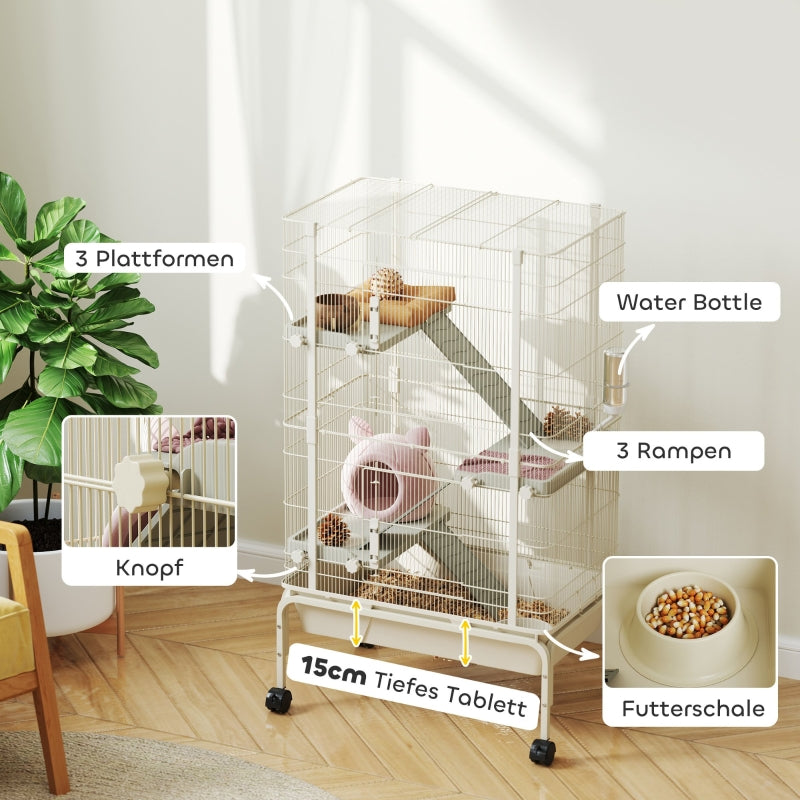 Kleintierkäfig, 4 Ebenen mit Futternapf und Trinkflasche, Beige