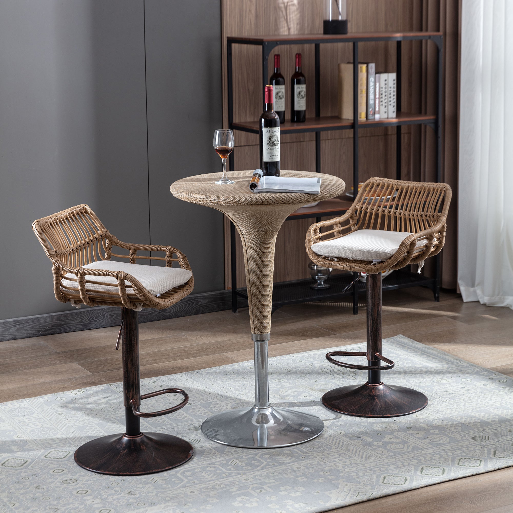 Modern Bar Stool Set of 2, Adjustable with Footrest, Beige