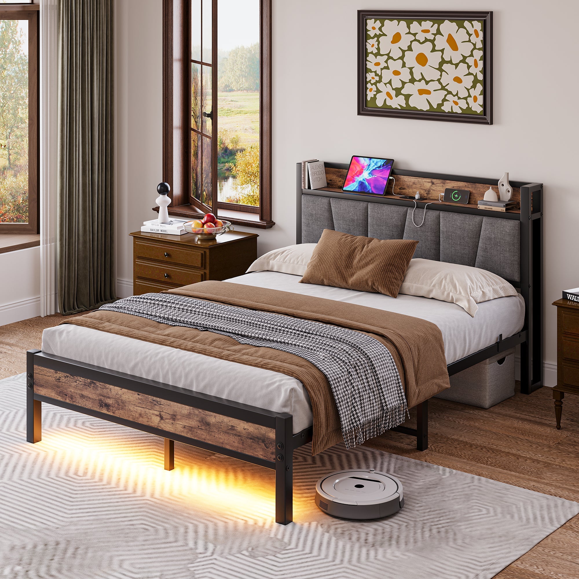 Bed Frame 140x190cm Smart LED Lights USB Charging Noise-Free Metal