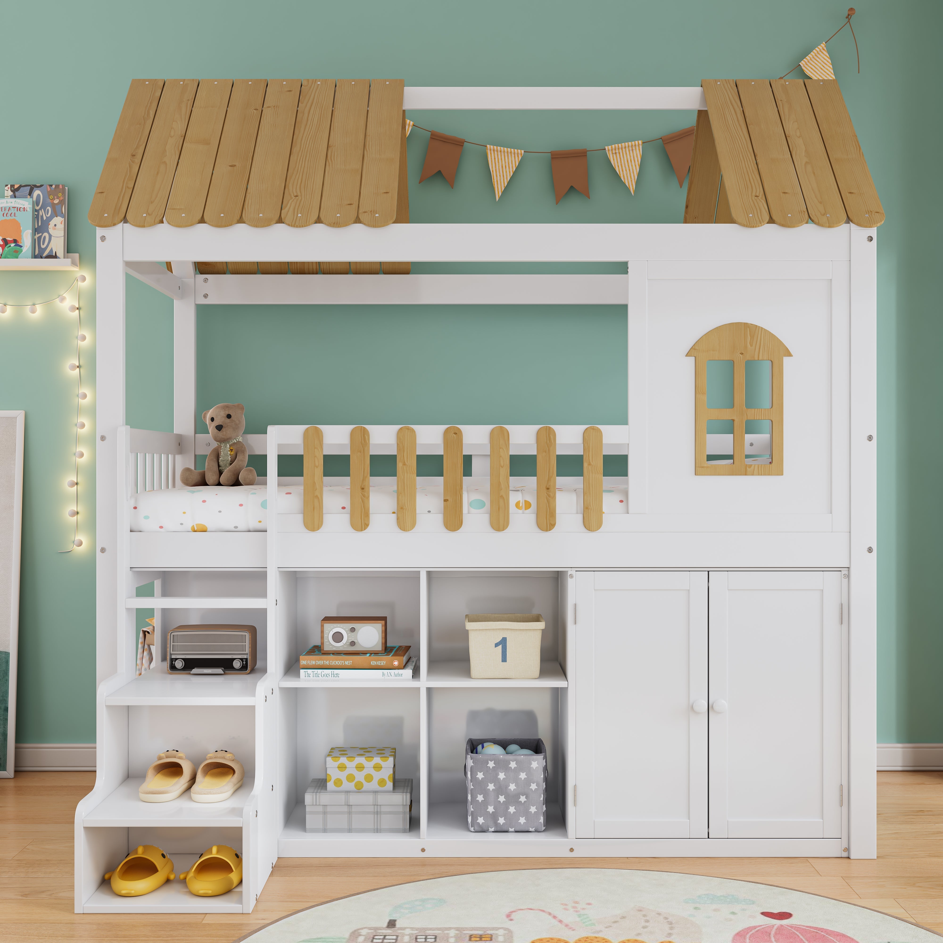 Bunk Bed, Storage, Wardrobe, Shoe Cabinet, Safe Steps, Pine, White & Natural