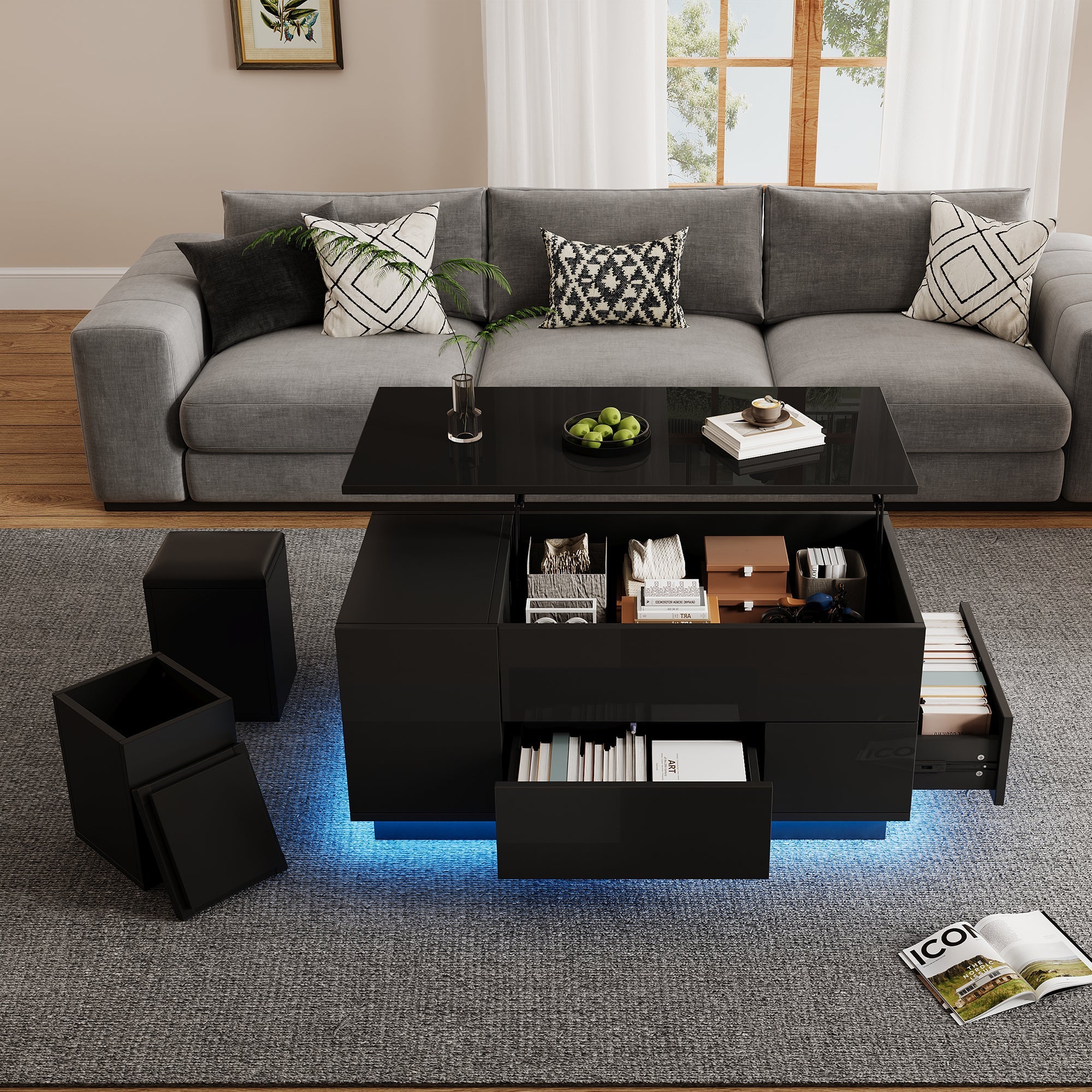 Coffee Table, 4-in-1 Height Adjustable LED with 2 Drawers, High-Gloss Black