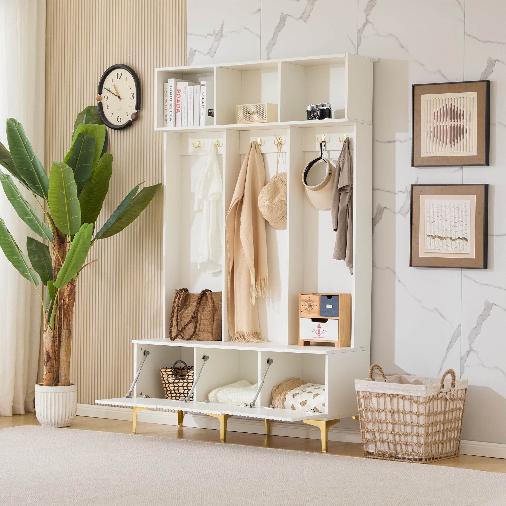 Wardrobe Set with Bench, Multifunctional Storage, 6 Hooks, White