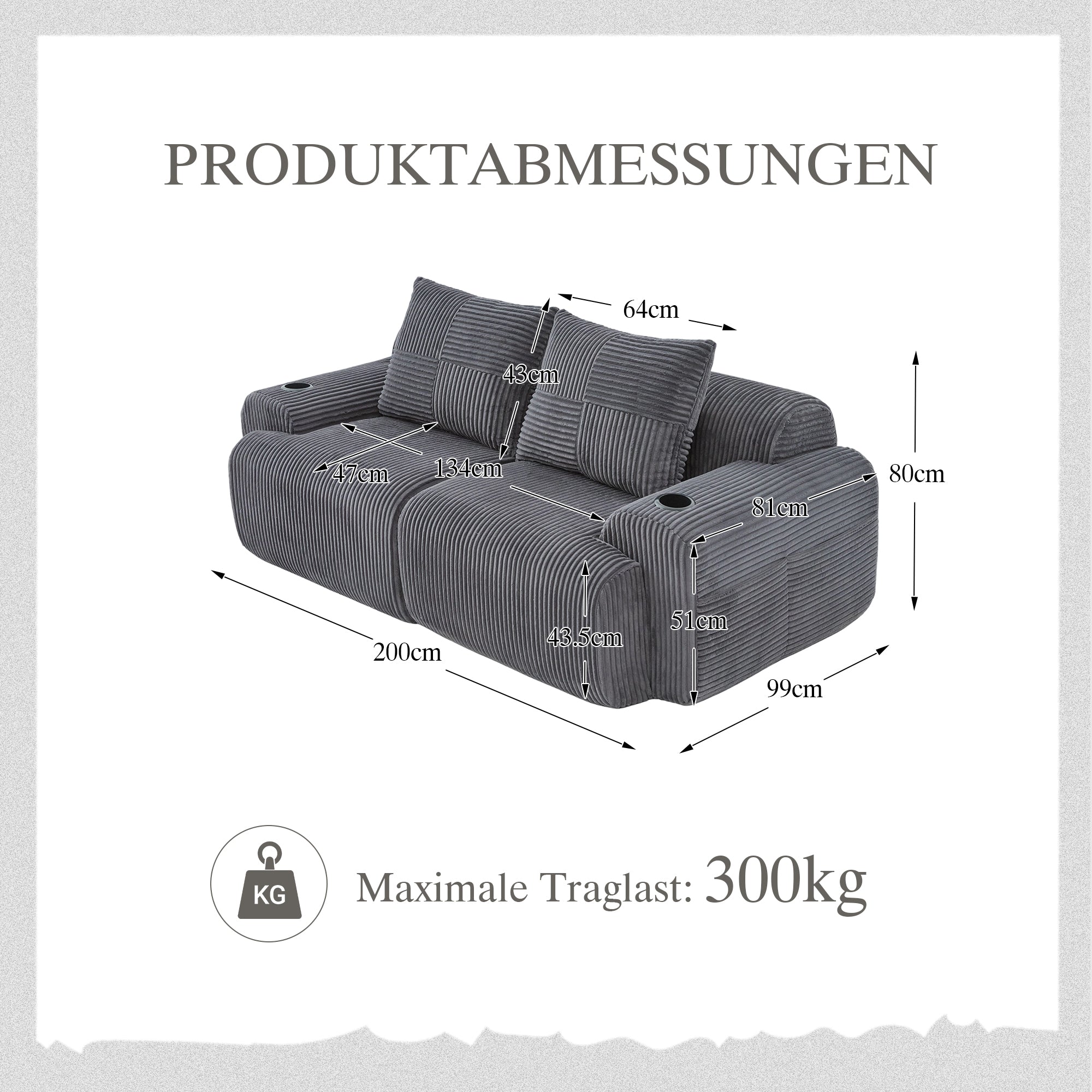Modular Corduroy 2-Seater Sofa with Cup Holder and Storage Pocket, Dark Grey