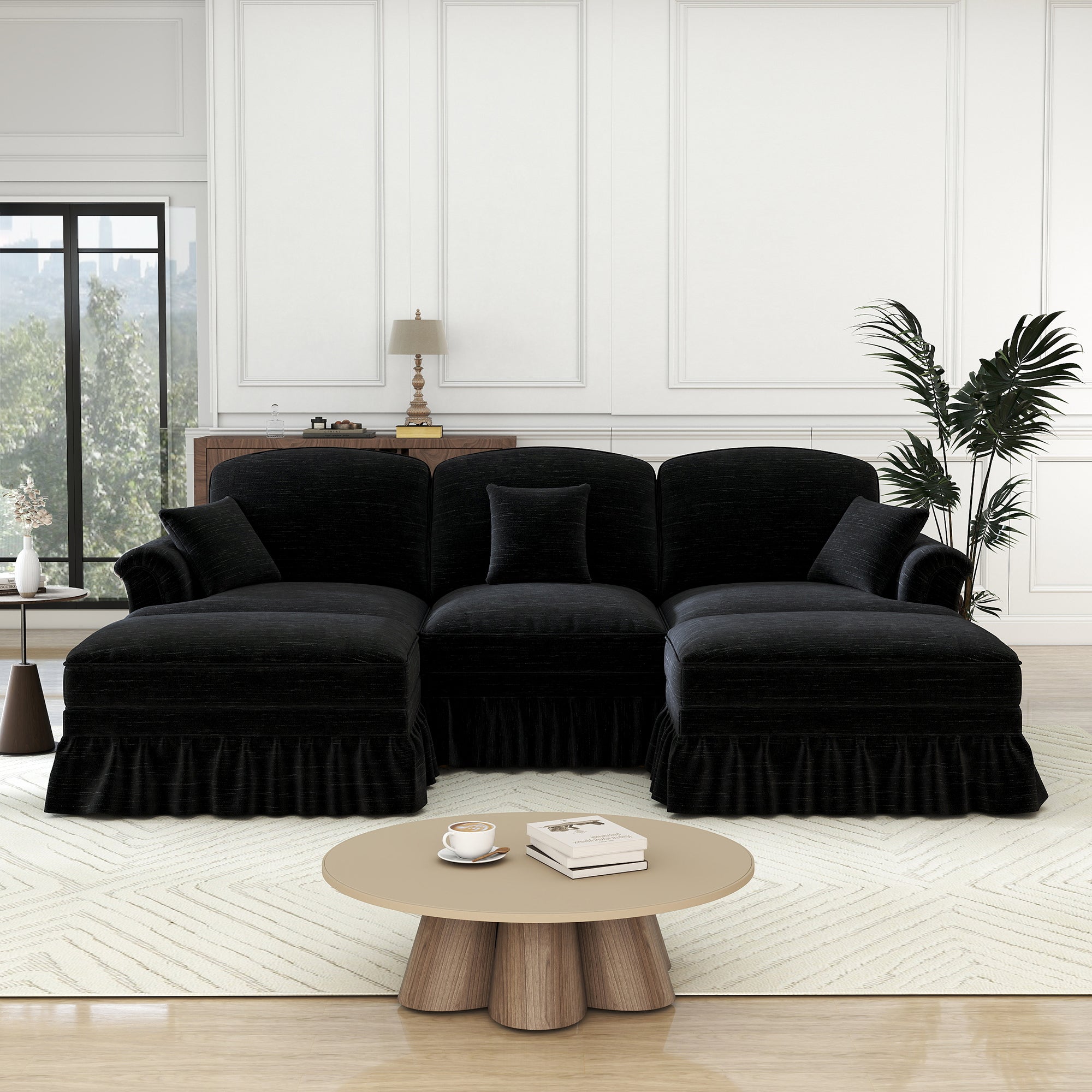 Modular U-Shaped Sofa Movable Ottoman Ruffled Apron Chenille Black