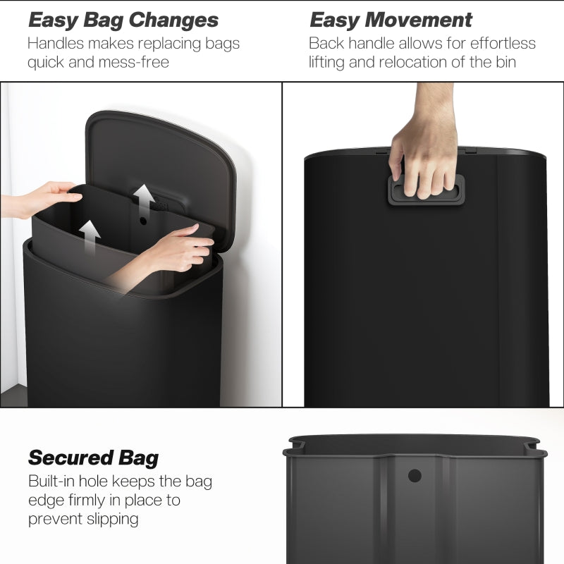 50L Kitchen Bin, Soft-Close Lid, Removable Inner Bucket, Stainless Steel, Black