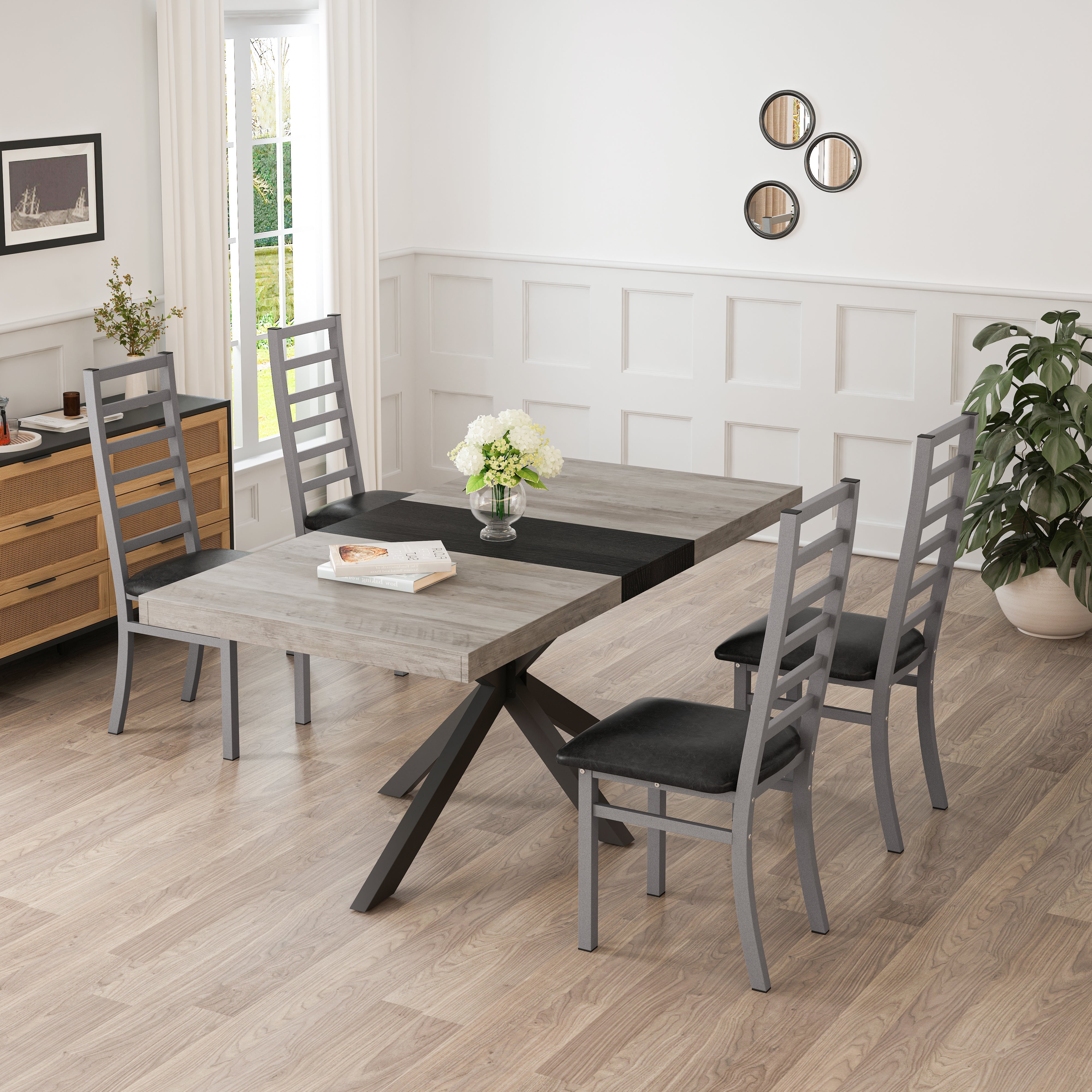 Dining Chairs - Set of 4, High Back Armless, Steel & PU Leather, Grey