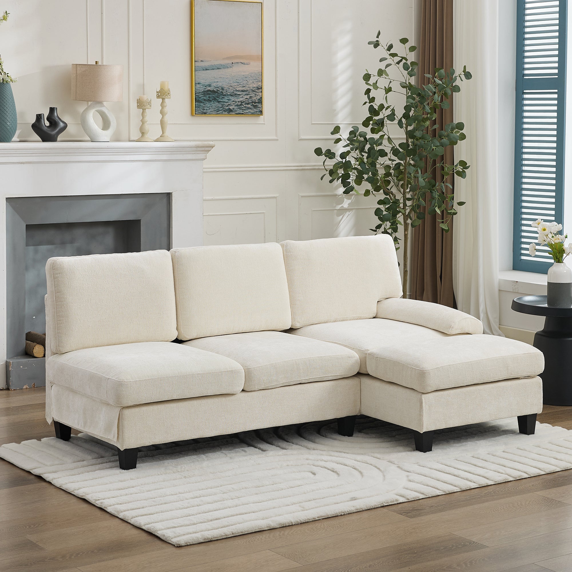 L-Shaped Sleeper Corner Sofa Upholstered 3-Seater Beige Linen