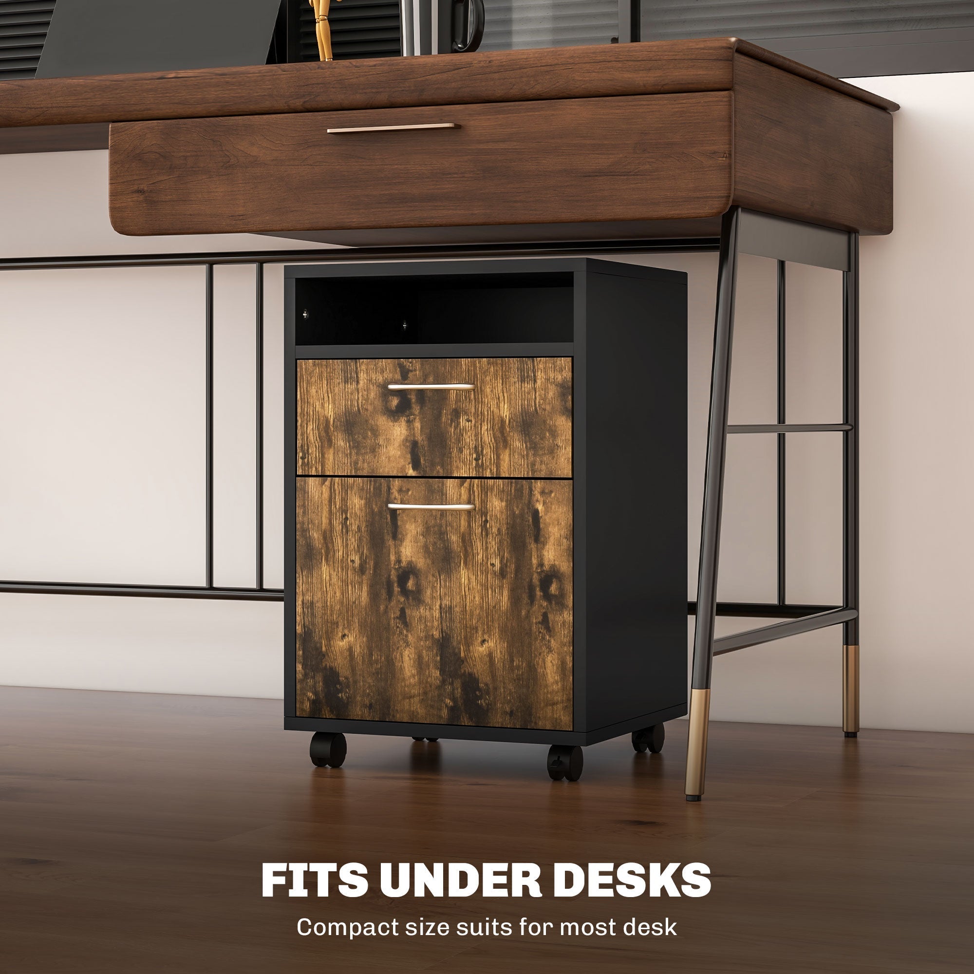 Filing Cabinet 60cm Drawer Open Shelf Mobile Wheels Rustic Brown