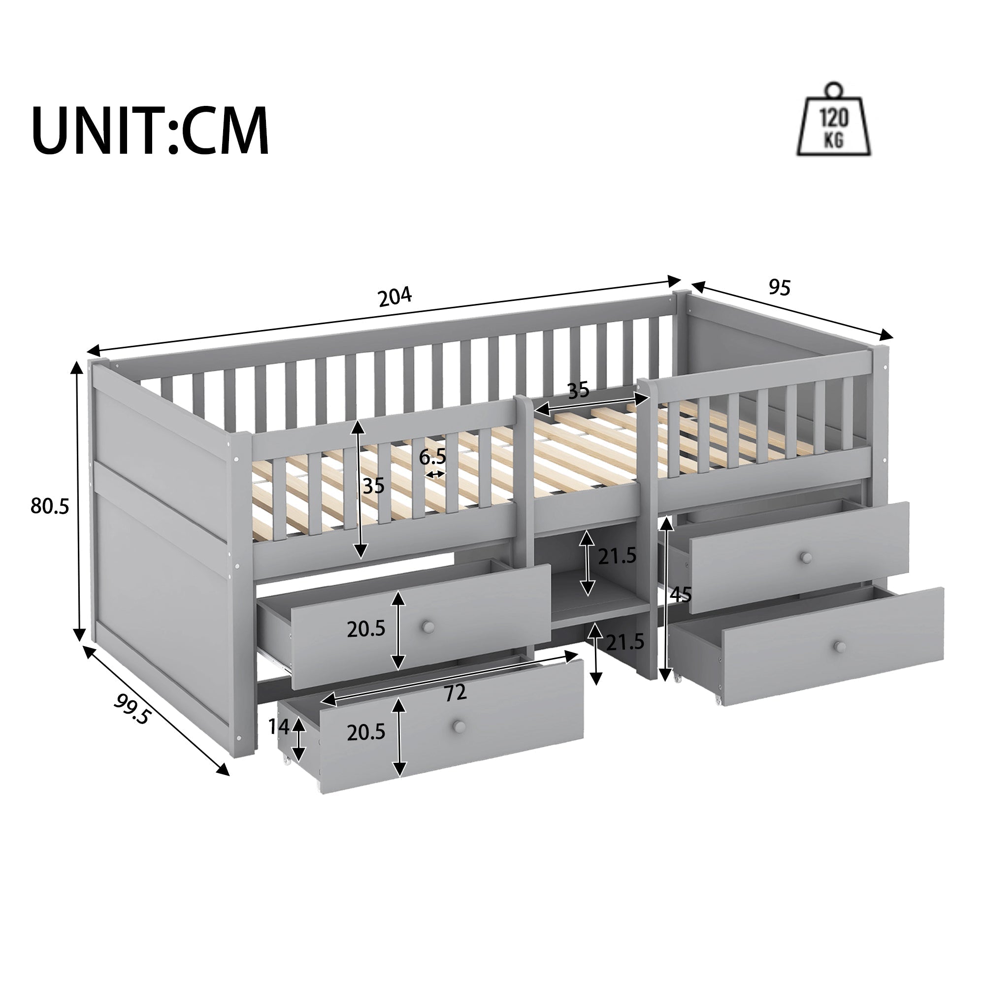 Mid-height Bed 90x200cm 4 Drawers Ladder - Pine Wood Grey
