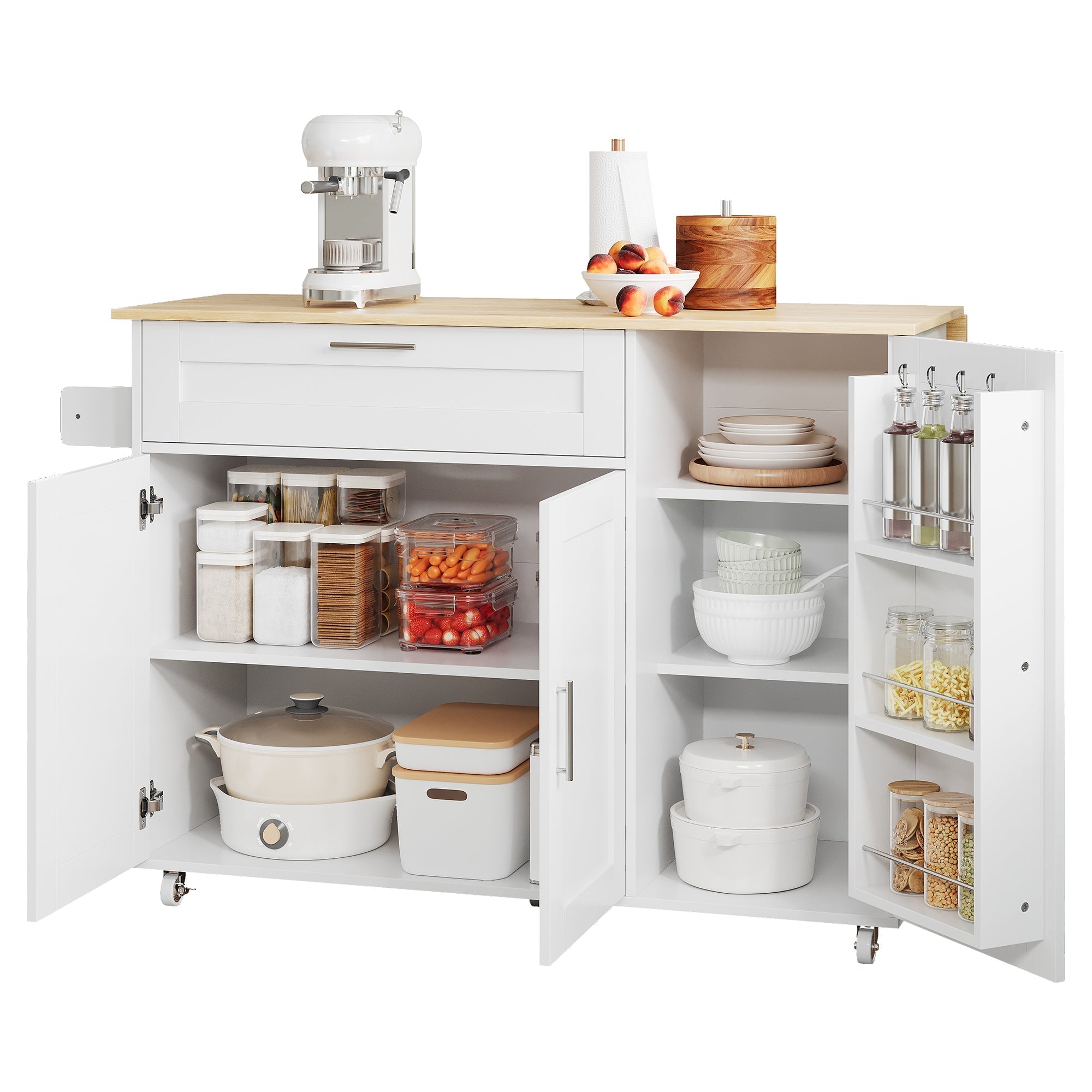 Mobile Kitchen Table 132.5cm Folding Worktop Storage Spice/Towel Rack - Oak Grain