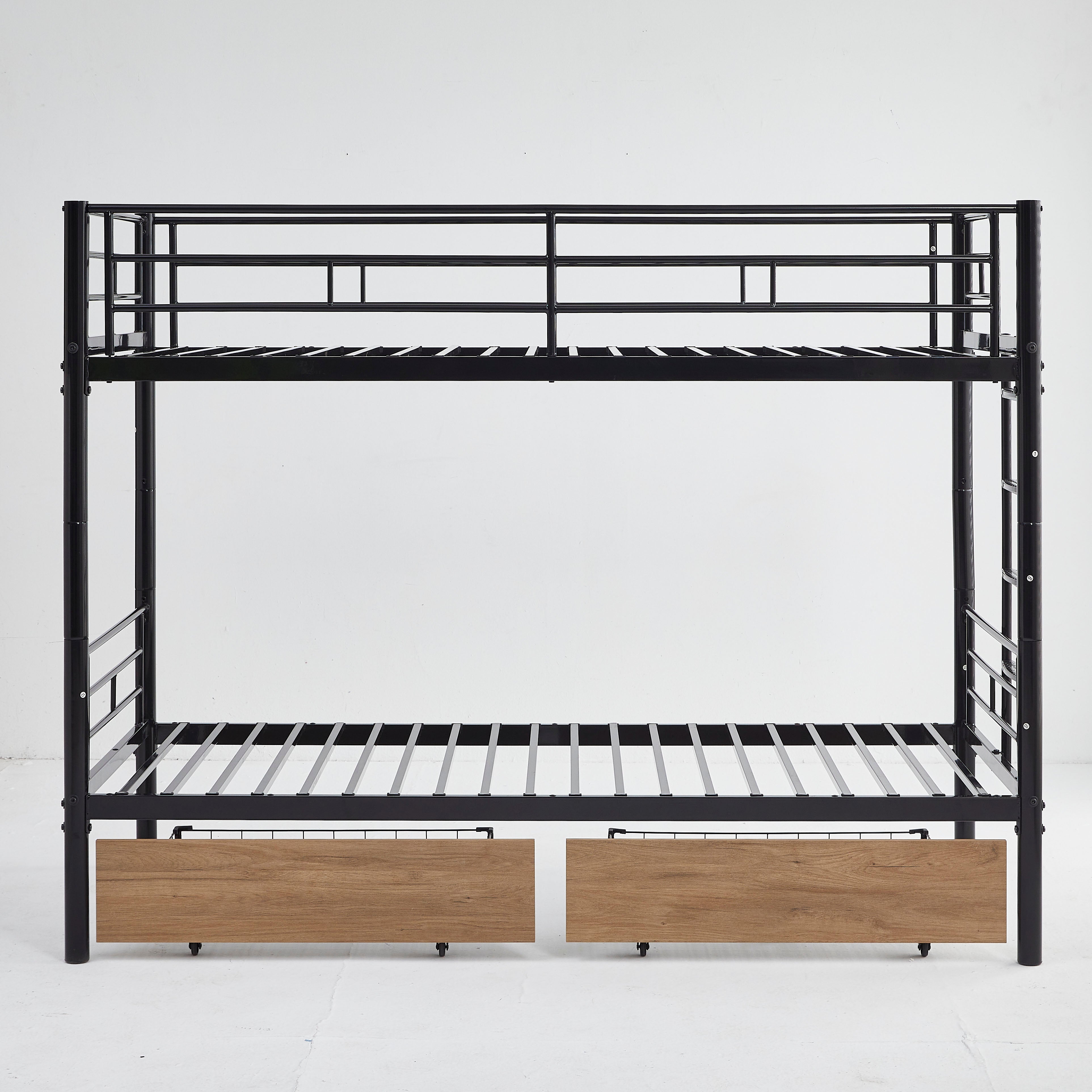 Bunk Bed 90x200cm with Drawers, Convertible to Single Beds, Black Metal