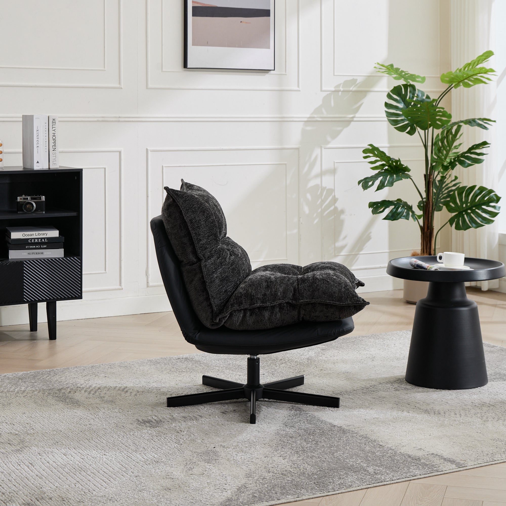 Swivel Recliner with 3-Position Adjustable Backrest and Memory Foam, Dark Grey Chenille and Faux Leather