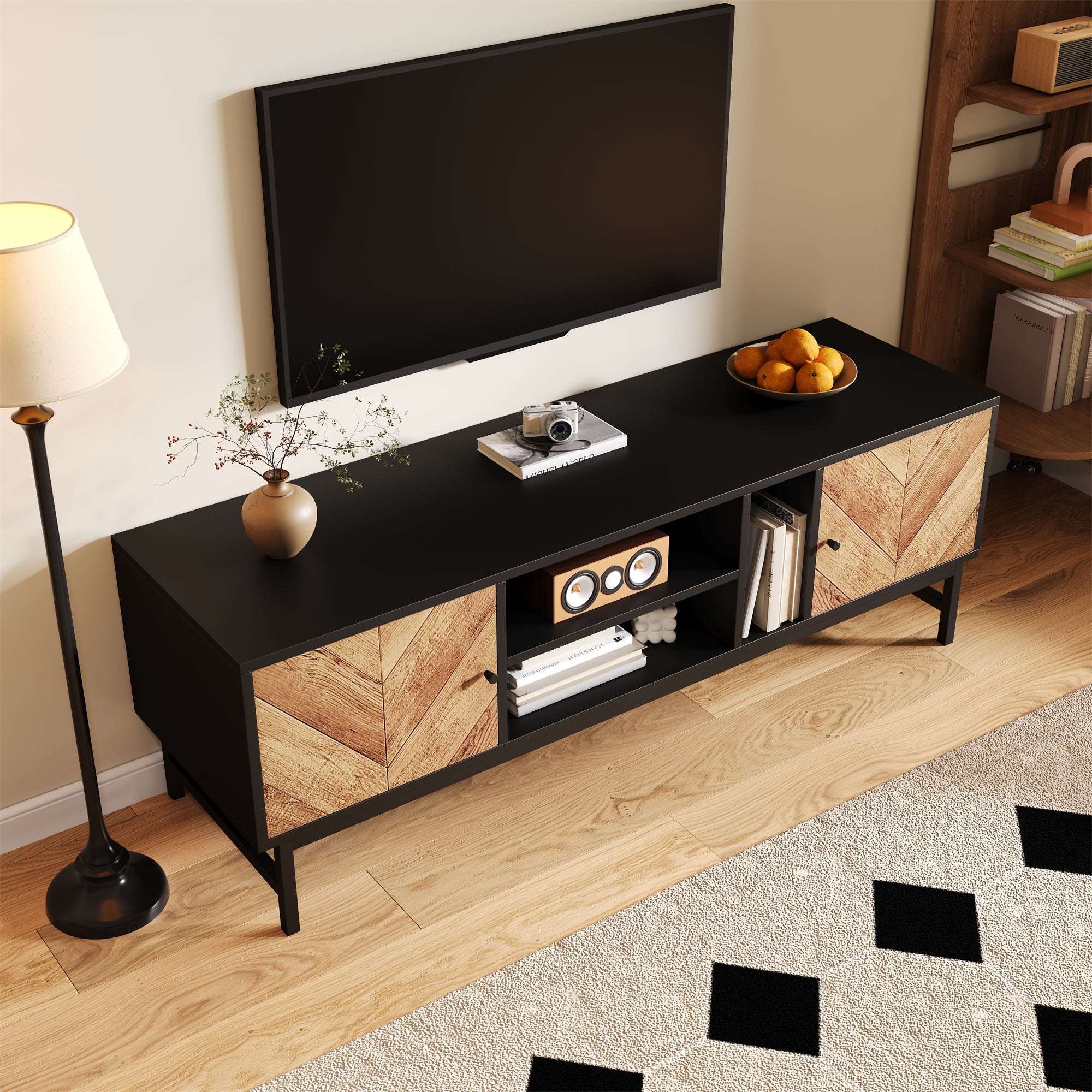 TV Cabinet 150 cm, Versatile Storage with Cabinets & Compartments, Black & Wood