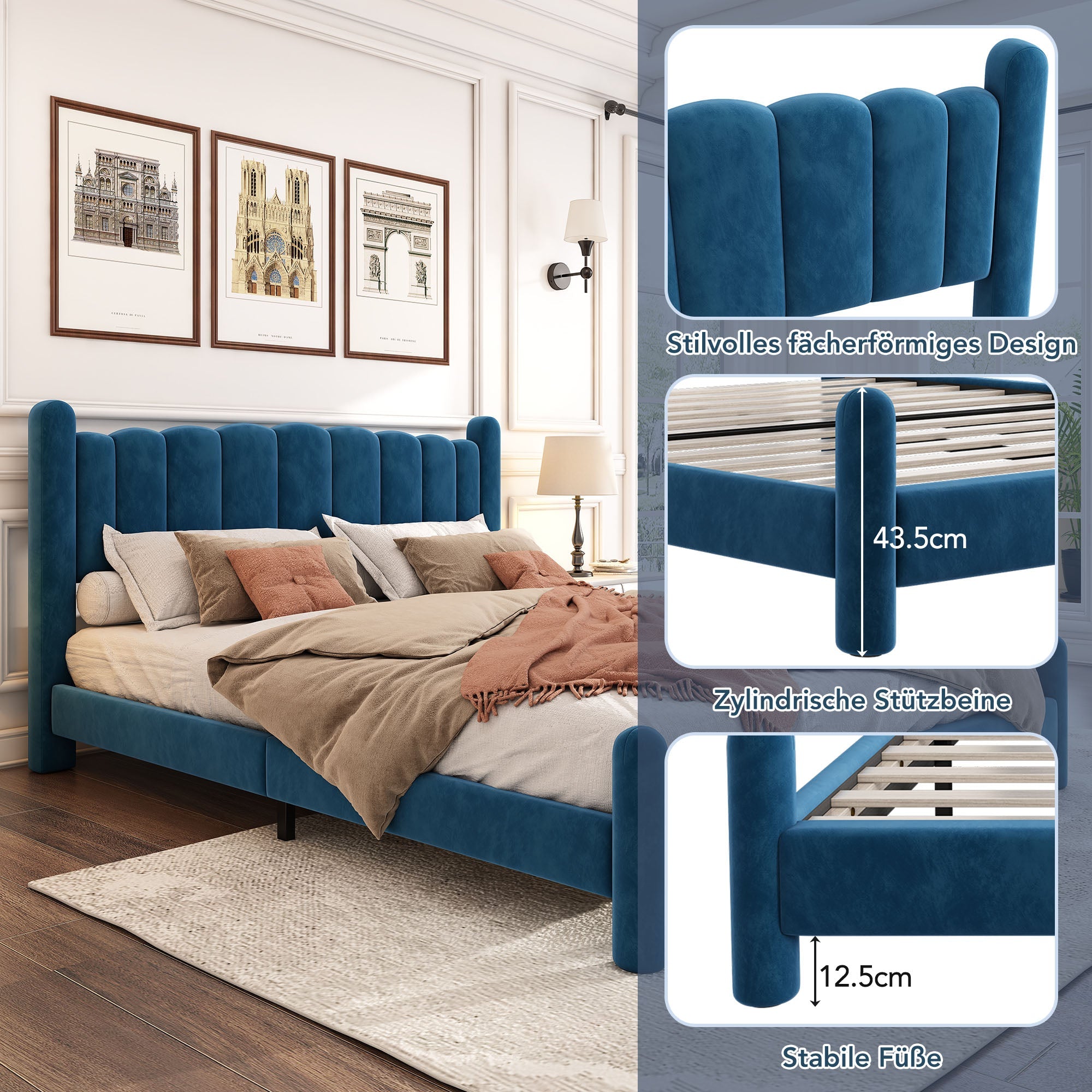 Upholstered Bed with Fan-Shaped Headboard and Slatted Base, 160x200cm, Blue Velvet